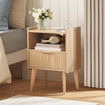 MAHANCRIS Natural Nightstand with Charging Station, Modern Bedside Table with Drawer and Storage Shelf, End Side Table with Solid Wood Legs, Night Stand, Living Room, Bedroom, Small Space, ETNA61E01