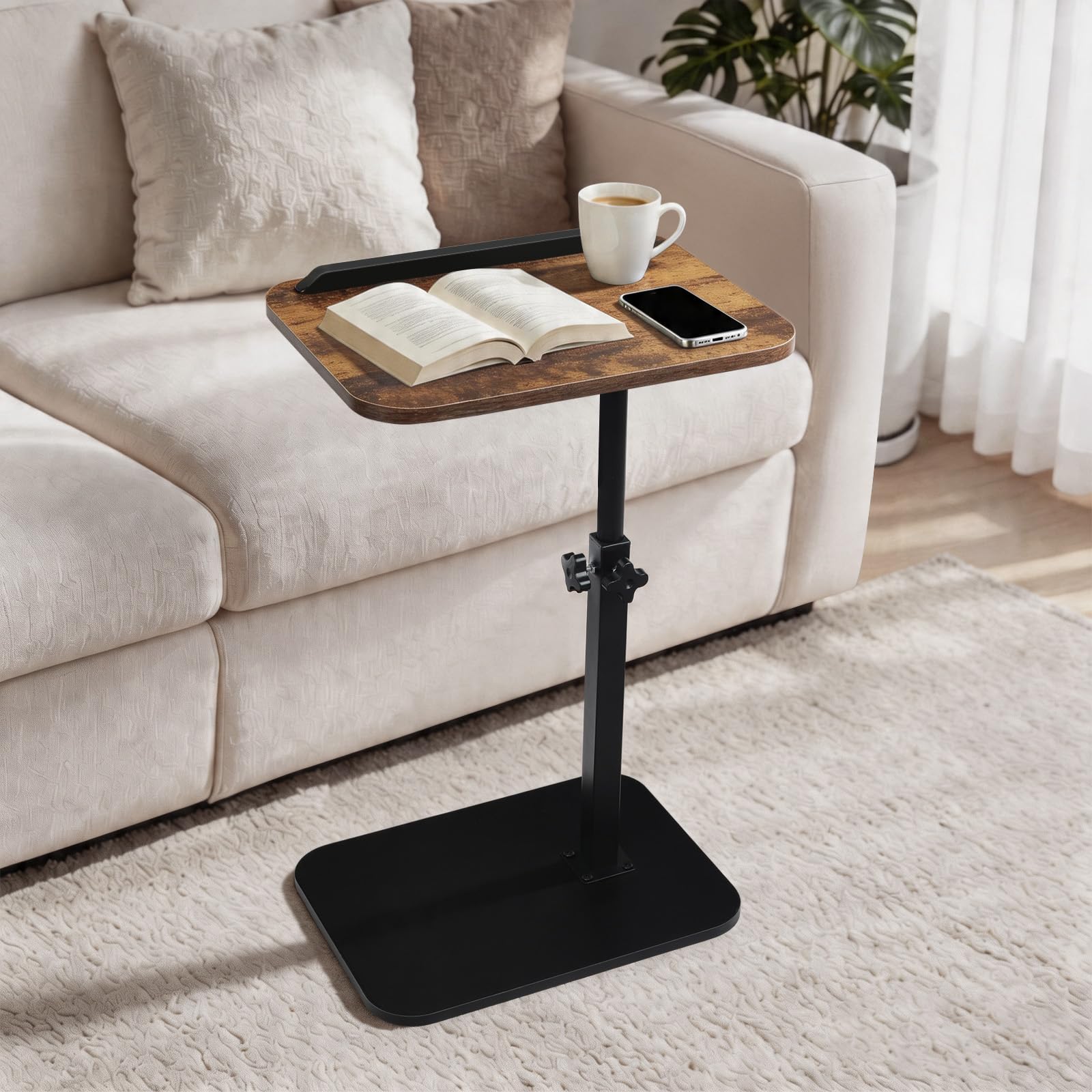 comfoyar C Shaped Side Table Adjustable Height, 360° Swivel 180° Flip Bedside Table with Slat for Sofa Bathtub, Laptop Stand TV Coffee Sofa Tray End Table for Snack Drinks, Small Space, Rustic Brown