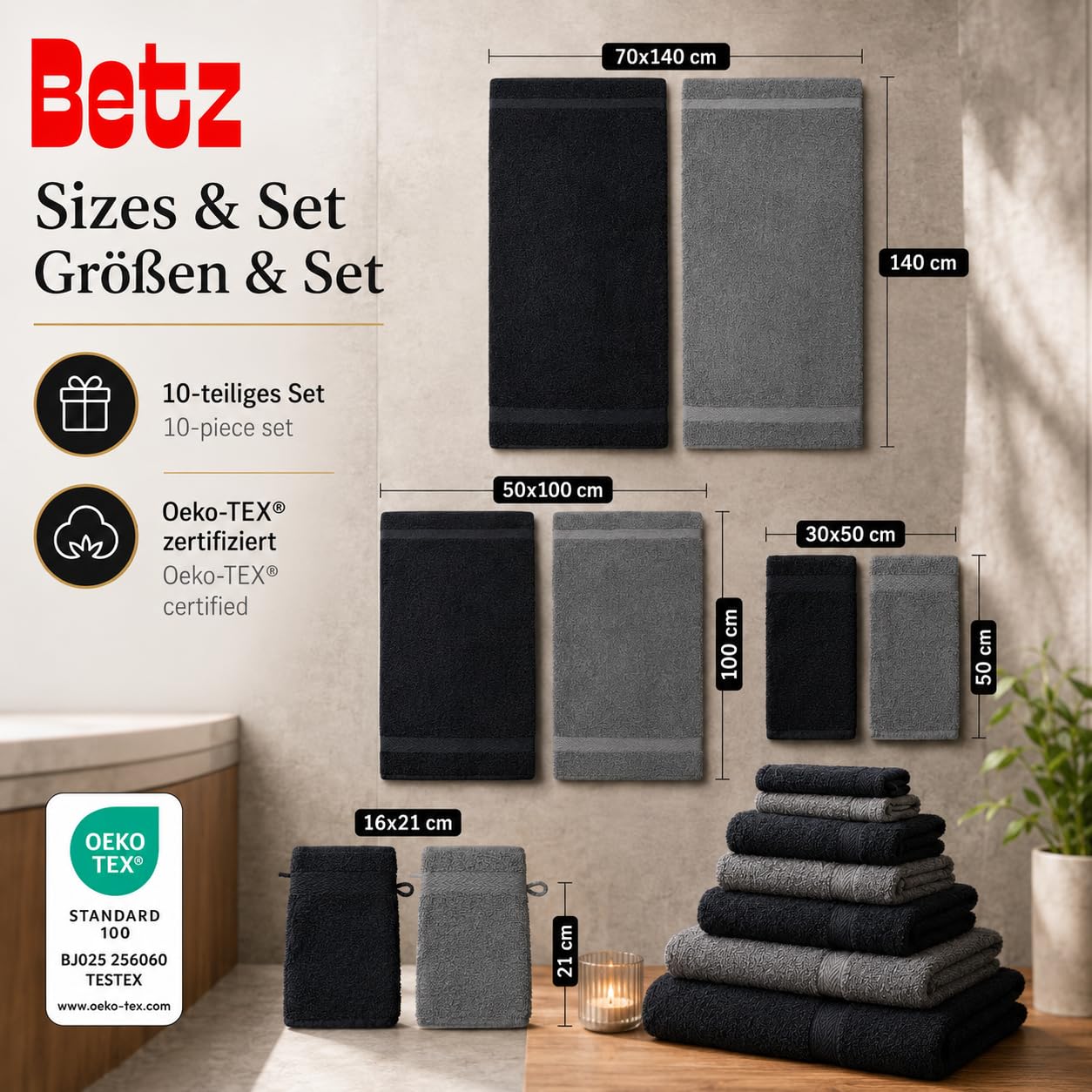 Betz 10-częściowy zestaw ręczników premium 100% bawełna 2 ręczniki pod prysznic 4 ręczniki do rąk 2 ręczniki dla gości 2 rękawice do mycia kolor antracytowy szary i czarny