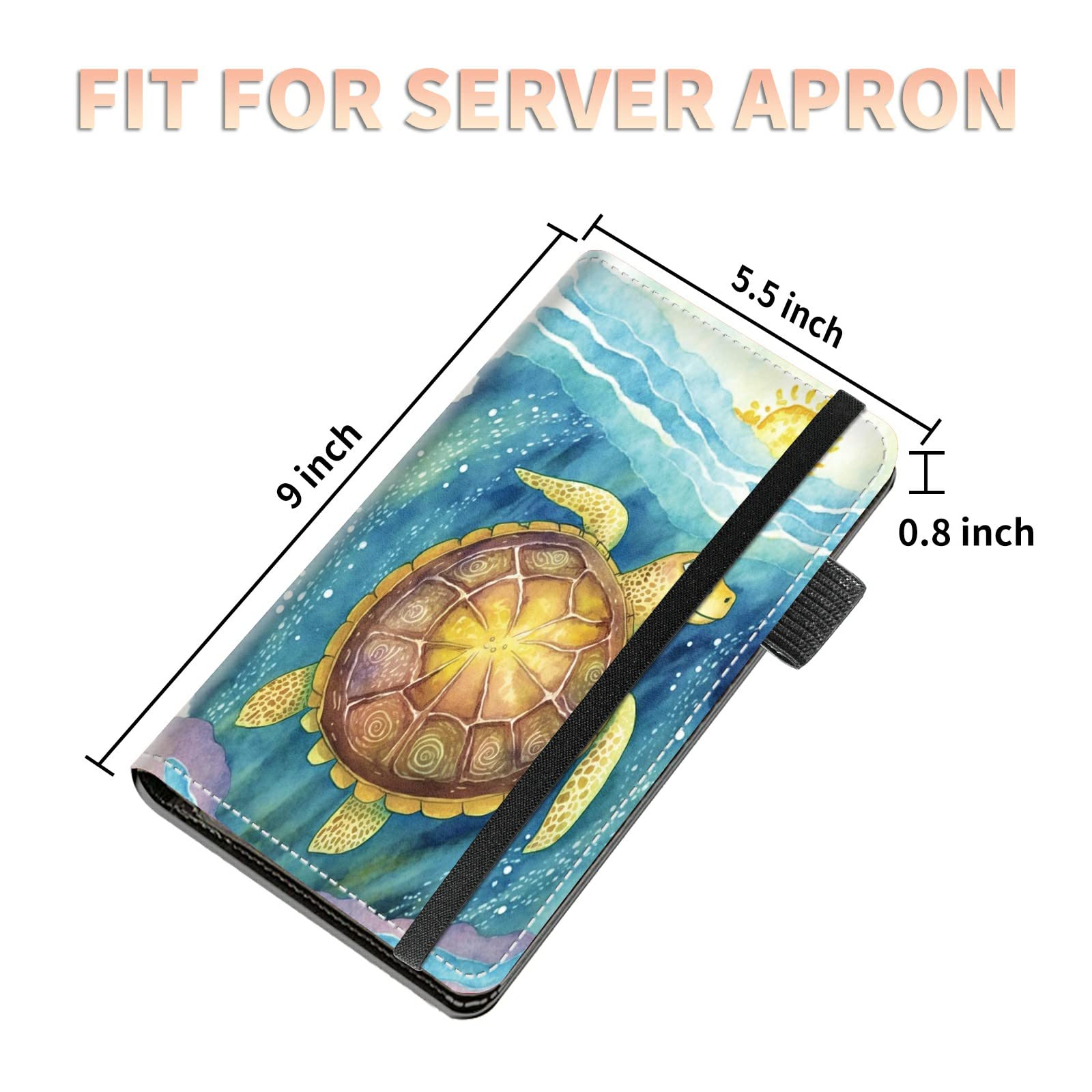 High Volume Server Books, Sea Turtle Ocean Server Book w/ 2 Expandable Pockets 9 x 5 Cute Waitress Book Zipper Pocket & Strap Closure Waitstaff Organizer Server Booklet Waiter Money Wallet