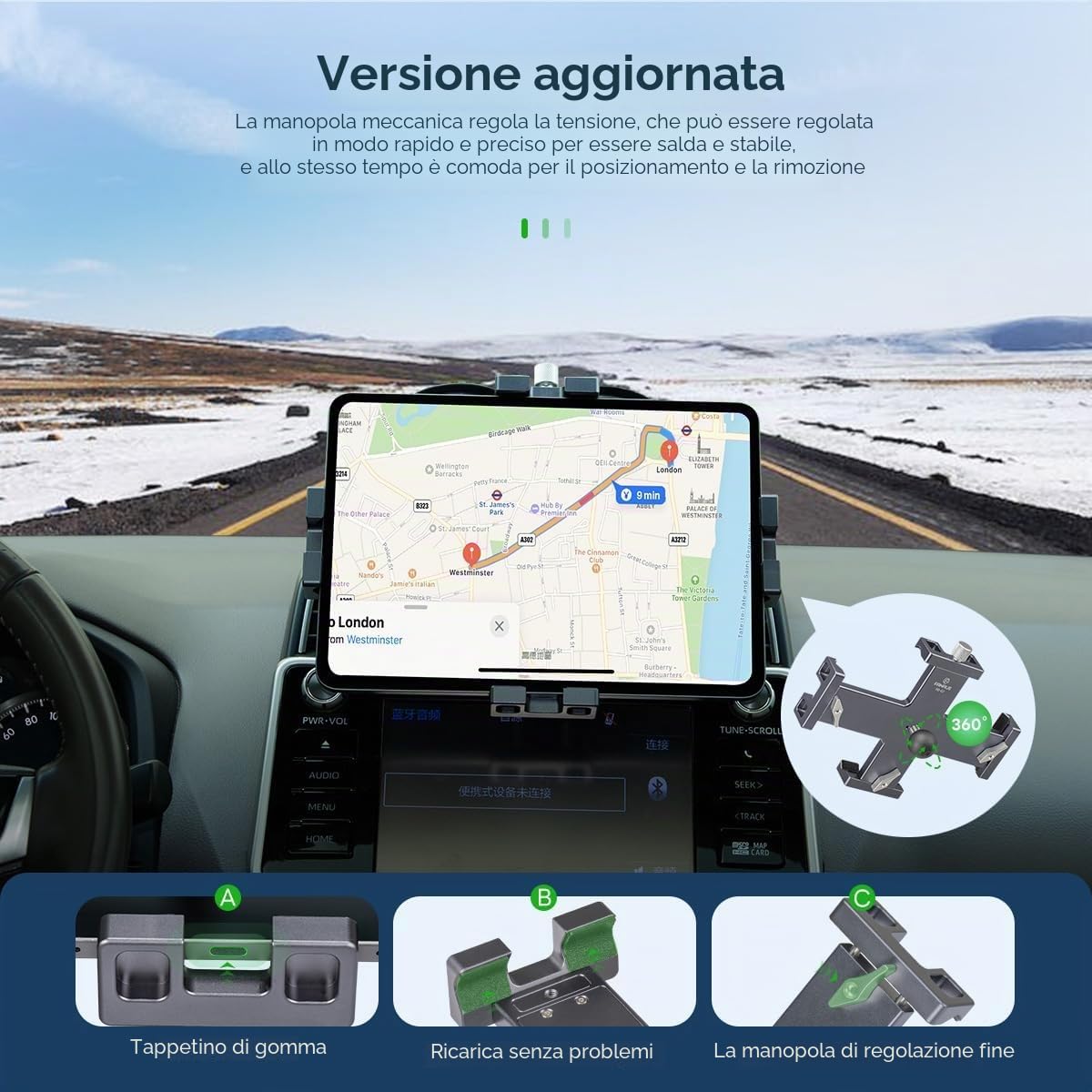 FANAUE Supporto in metallo per iPad con adattatore a sfera da 1 pollici, girevole a 360°, adatto per parabrezza, cruscotto o scrivania, per tutti i tablet da 8 a 12,9"