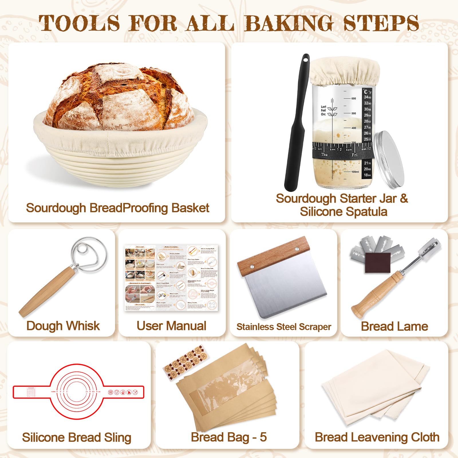 NZQXJXZ Gärkörbchen, 100% Natürlichem Rattan, Gärkorb Zum Brotbacken-Set, Brotkorb Mit 32OZ Gärglas mit Spatel, Leicht Zu Reinigen Brot Backen Zubehör für Professionelle und Häusliche Bäcker, 16pcs