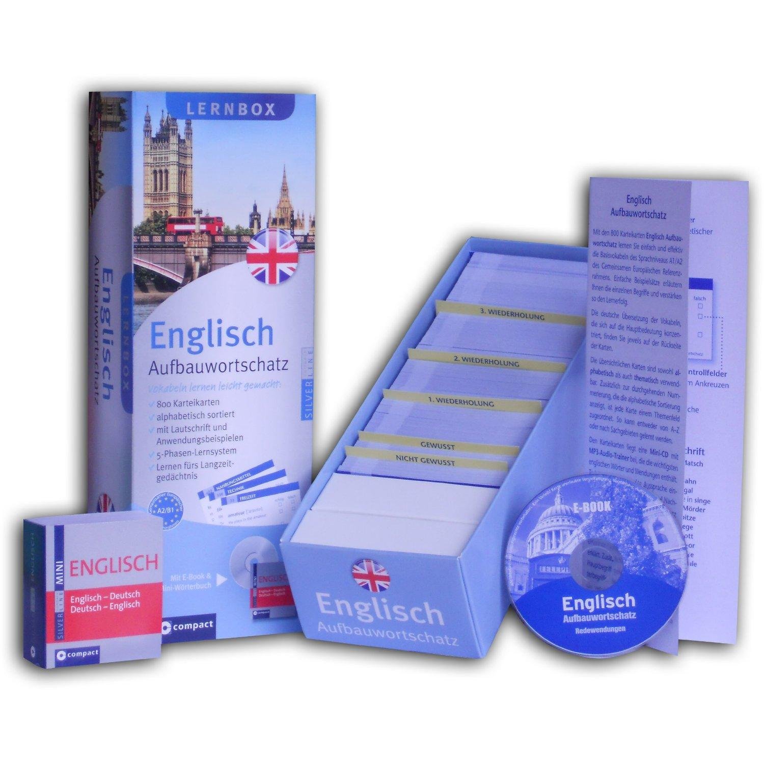 Englisch Aufbauwortschatz - Compact Lernbox: 800 Vokabel-Karteikarten, Mini-CD & Mini-Wörterbuch Englisch. Mit 5-Phasen-Lernsystem. Niveau A2 / B1: ... auf Mini-CD & Mini-Wörterbuch. Niveau A2/B1