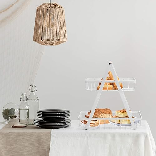 Miniatura 3 de Cesta de frutas de 2 niveles, cuenco de frutas de metal, cestas de pan, soporte de almacenamiento vegetal para encimera, para cocina, color blanco
