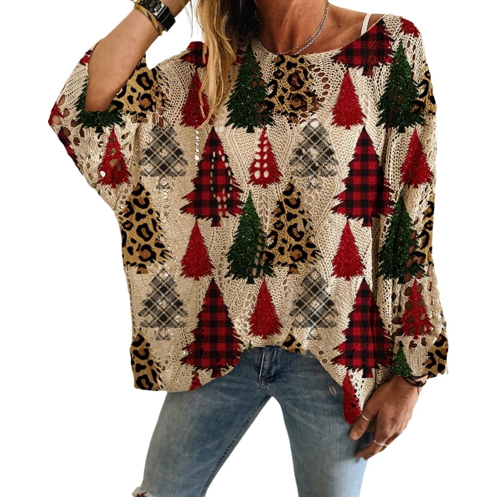 Womens Christmas Crochet Knit Sweater Holiday Novelty Graphic Print Loose Batwing Sleeve Hollow Out Pullover Top