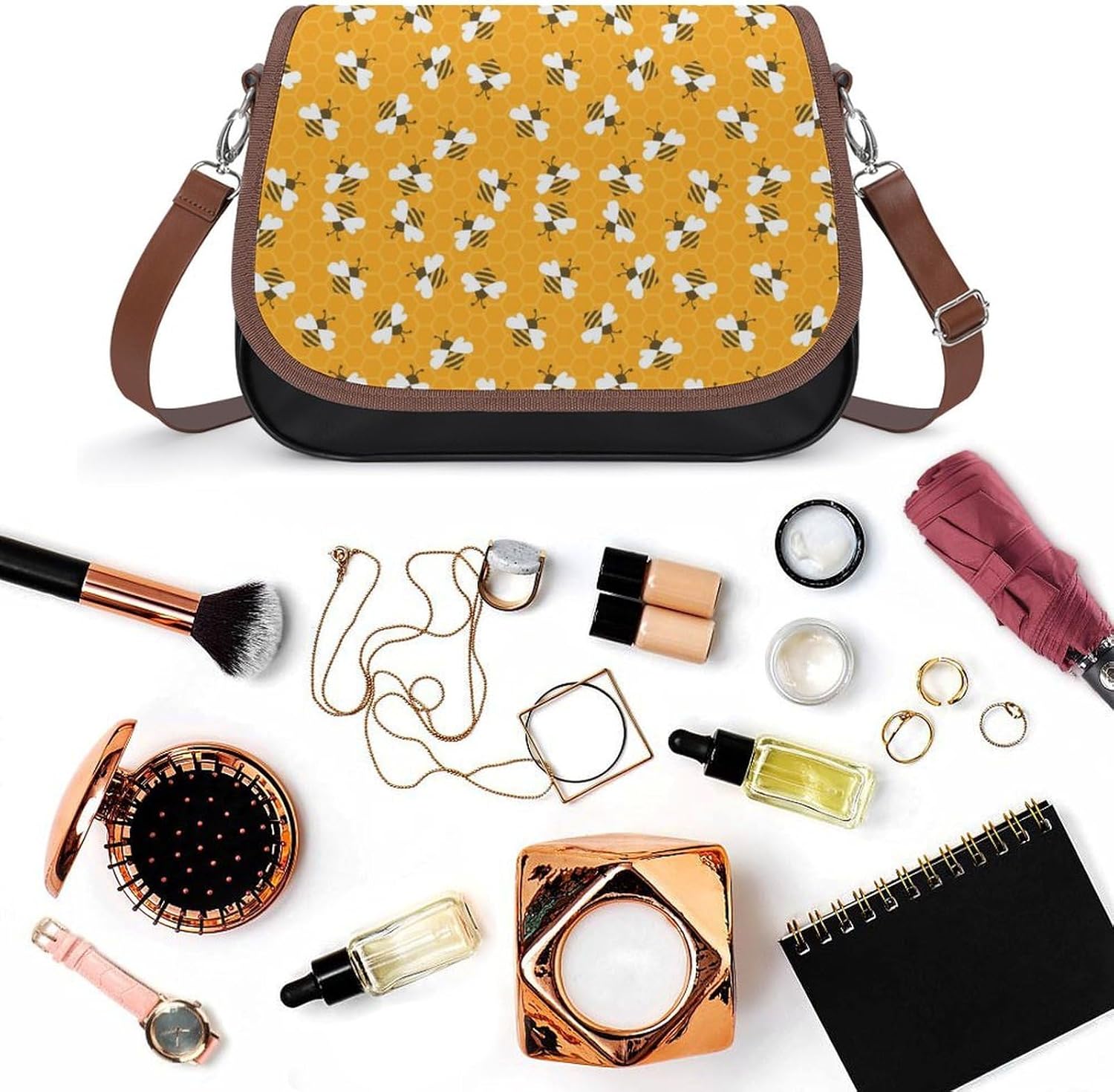 Bee with HoneyWomen's Faux Leather Crossbody Bag, Waterproof Wrinkle-Resistant Shoulder Bag with Detachable Strap, Large Capacity Casual Handbag, Fashion Daily Purse for Shopping Work Dating, Ideal Gi