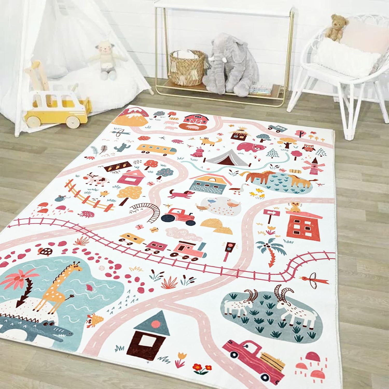 Kids Rug Farm Carpet 3.3x5Ft Animal Area Rug for Boys Girls Room, Forest & Farm Animal and Car Road Map Play Mat for Bedroom Playroom Nursery Living Room, Soft Educational Children’s Rugs