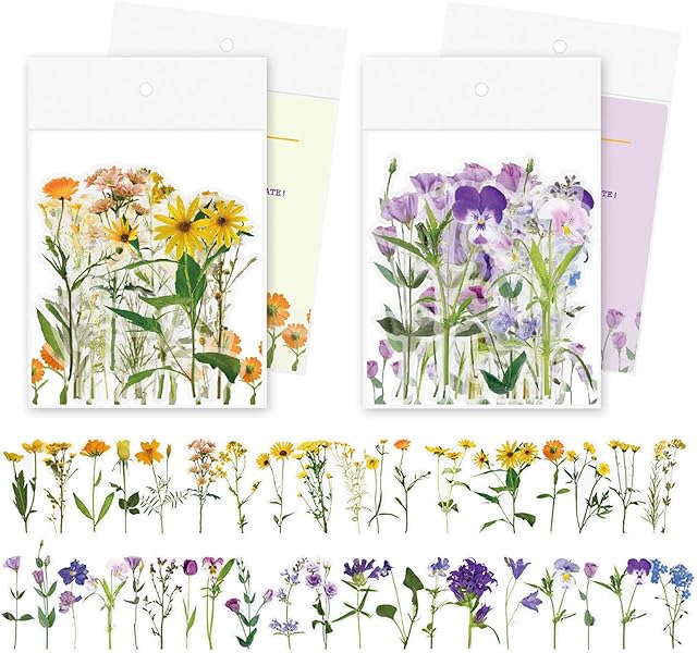 Flower Stickers, Floral Scrapbooking Vintage Stickers Transparent Decorative Scrapbook Plant Sticker Set Self-Adhesive for DIY Crafts Notebook 80 PCS