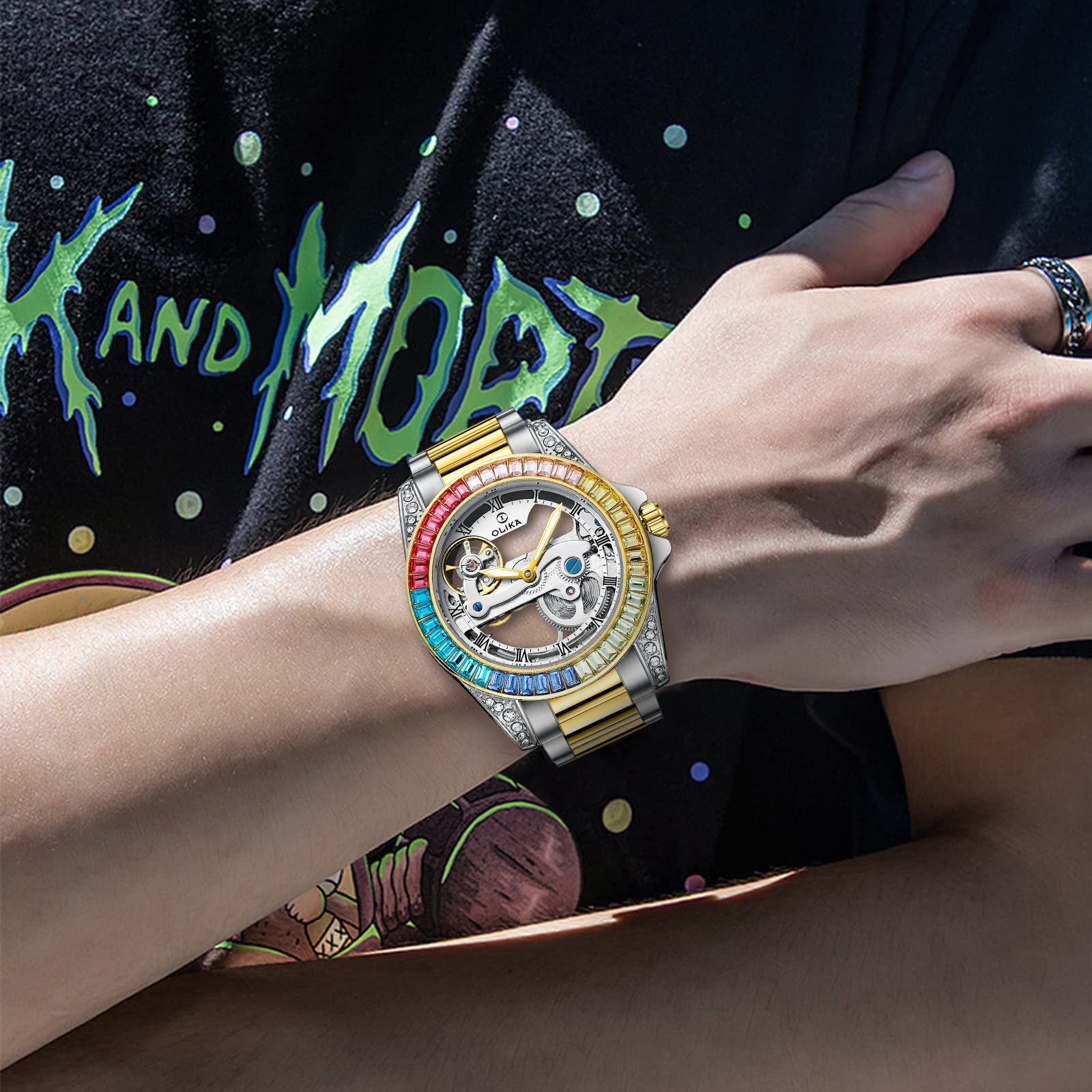 Reloj para mujer, reloj mecánico de cuerda automática, reloj esqueleto de acero inoxidable, reloj luminoso resistente al agua, reloj elegante de negocios (Rainbow Machinery), Una maquinaria de 4
