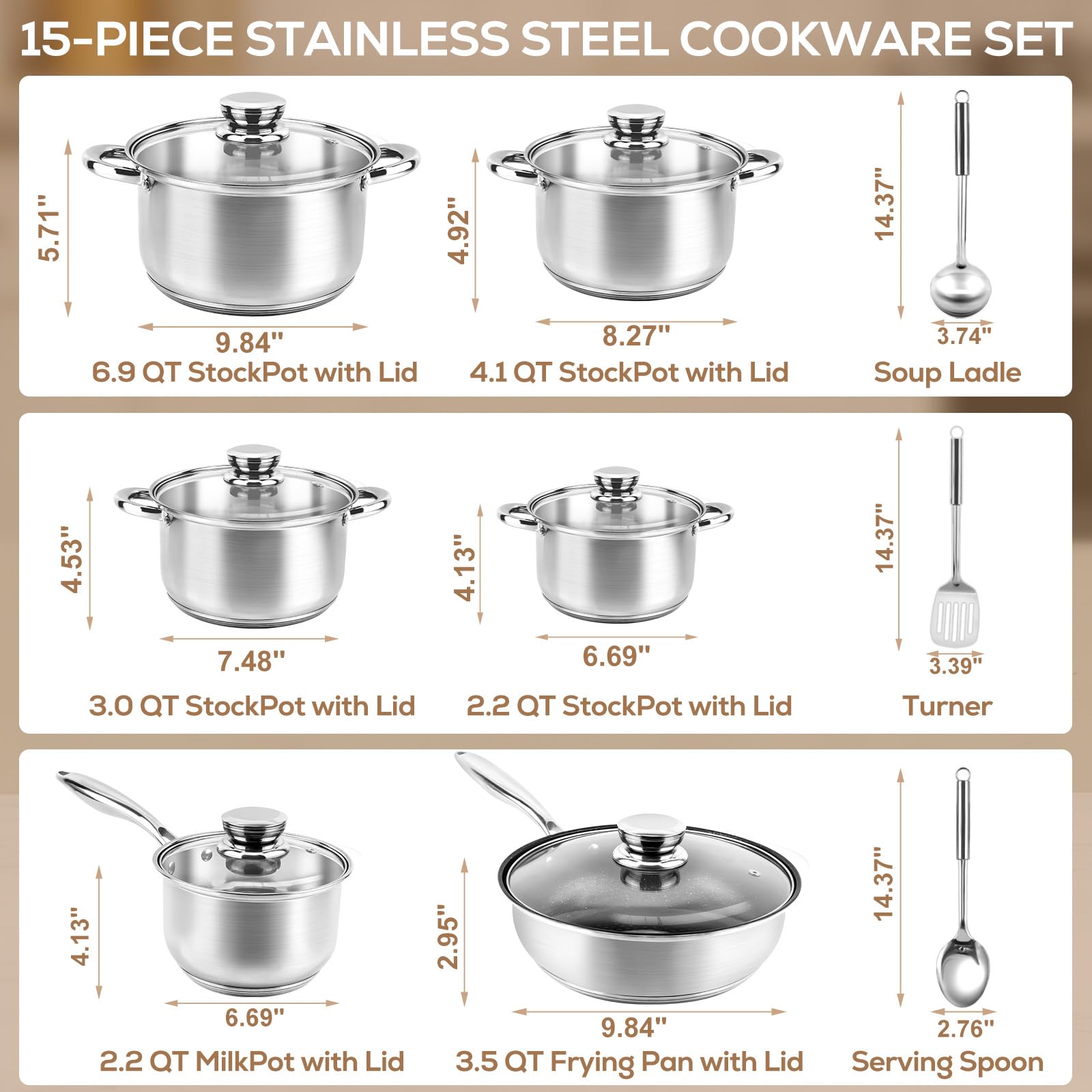 topfset induktion Edelstahl topfset pfannenset 15-teilig antihaftbeschichtet 1 Pfanne 5 Töpfe 6 Deckel 3 Küchenutensilien mit kühlhaltendem Griff Induktions- und Backofenfest Silber