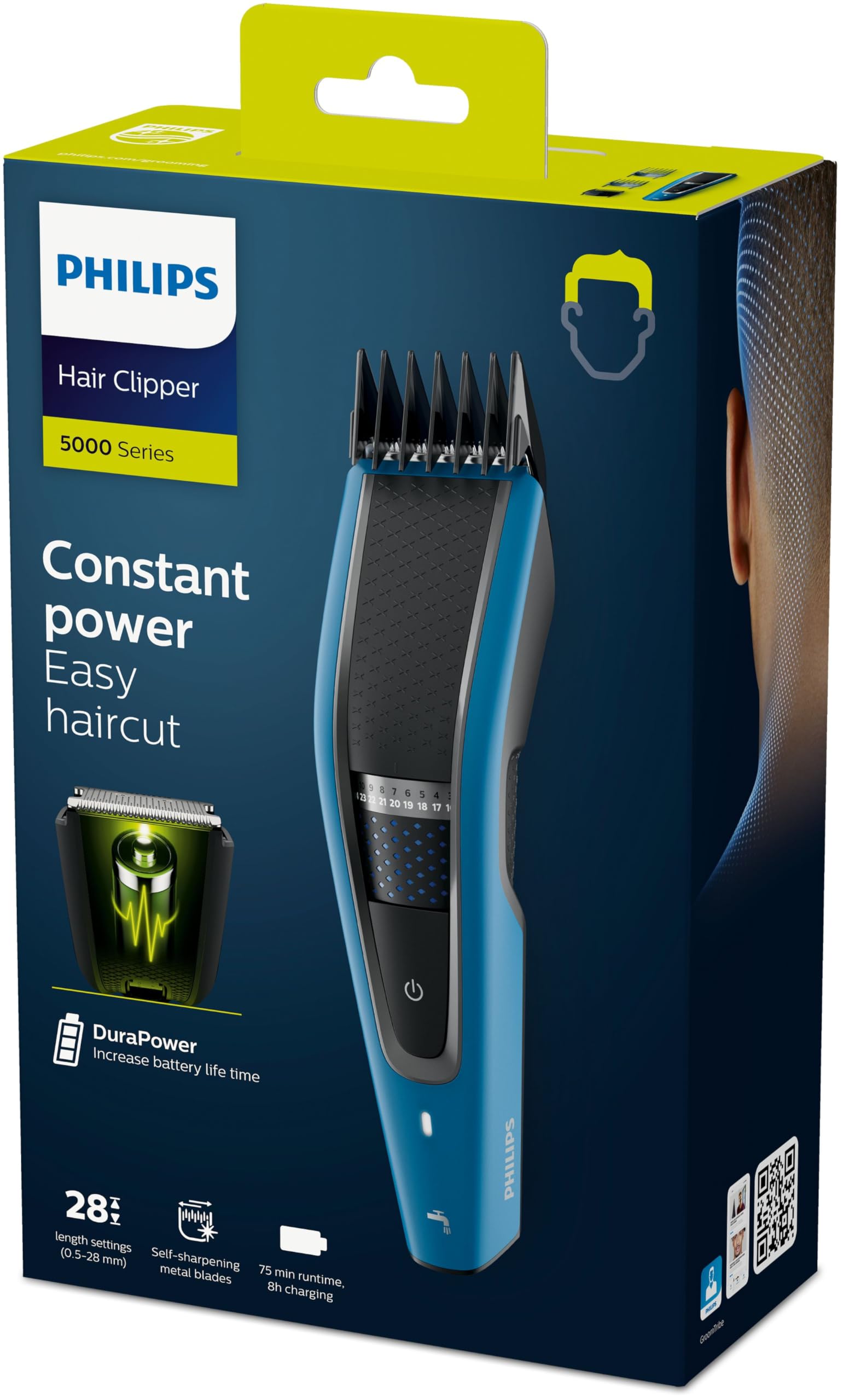 Philips Serie 5000 HC5612/15 – Haarschneider mit Klingen aus Edelstahl, 28 Längeneinstellungen, 75 min ohne Kabel, inkl. 3 Führungskämme, Blau