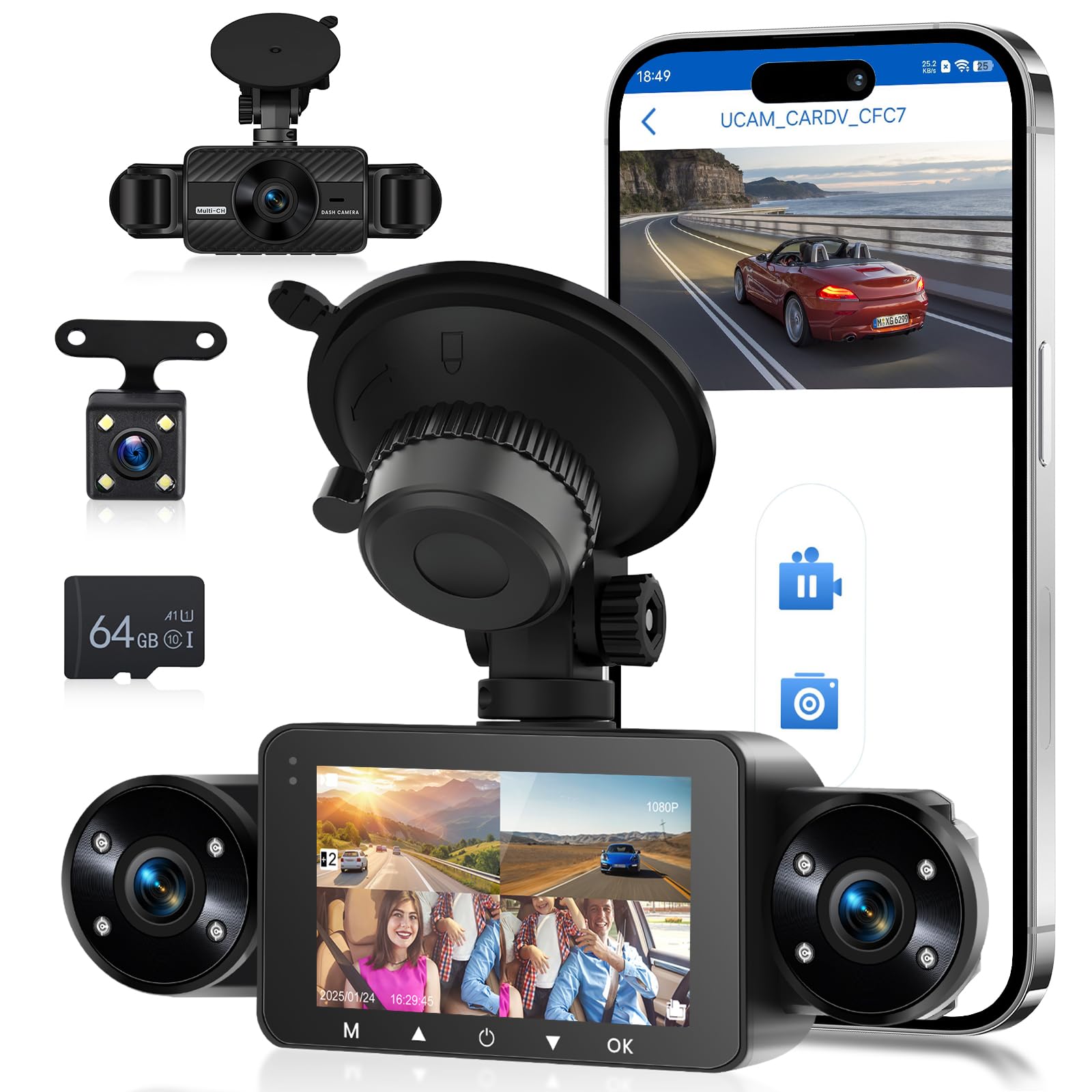 Hodozzy 4 Canales Dashcam, 1080P 360° Cámara de Coche Delantera y Trasera Interior con Grabación en Bucle, Visión Nocturna, Sensor G, Modo Aparcamiento, Compensación de Exposición TF y Dsah Cámara