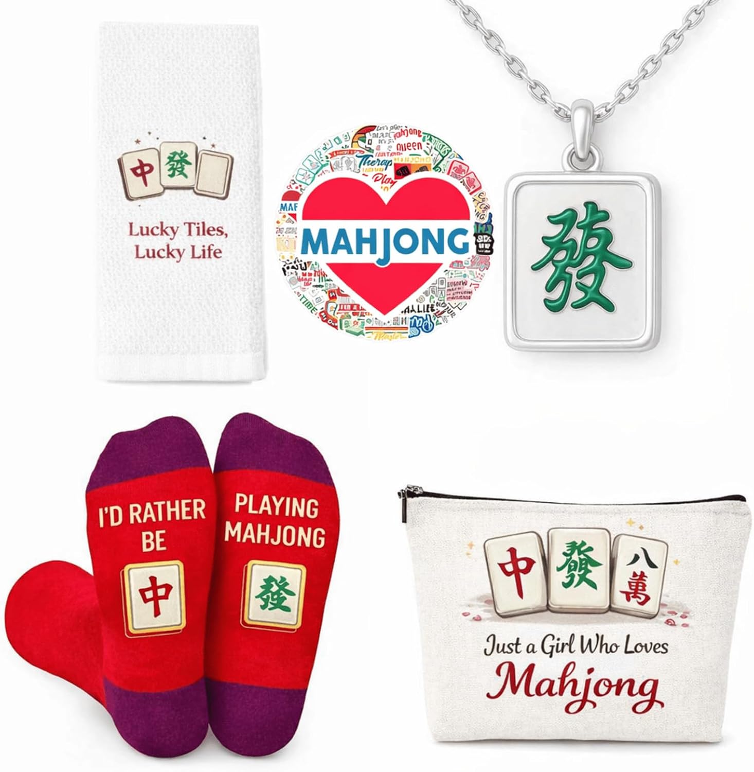 Mahjong Gifts for Women – Cute + Lucky 5-Piece Mahjong Lover Gift Set (Socks, Makeup Bag, Towel, Necklace & Stickers) – Unique Mahjong Themed Gifts for Birthday, Christmas & Mahjong Players