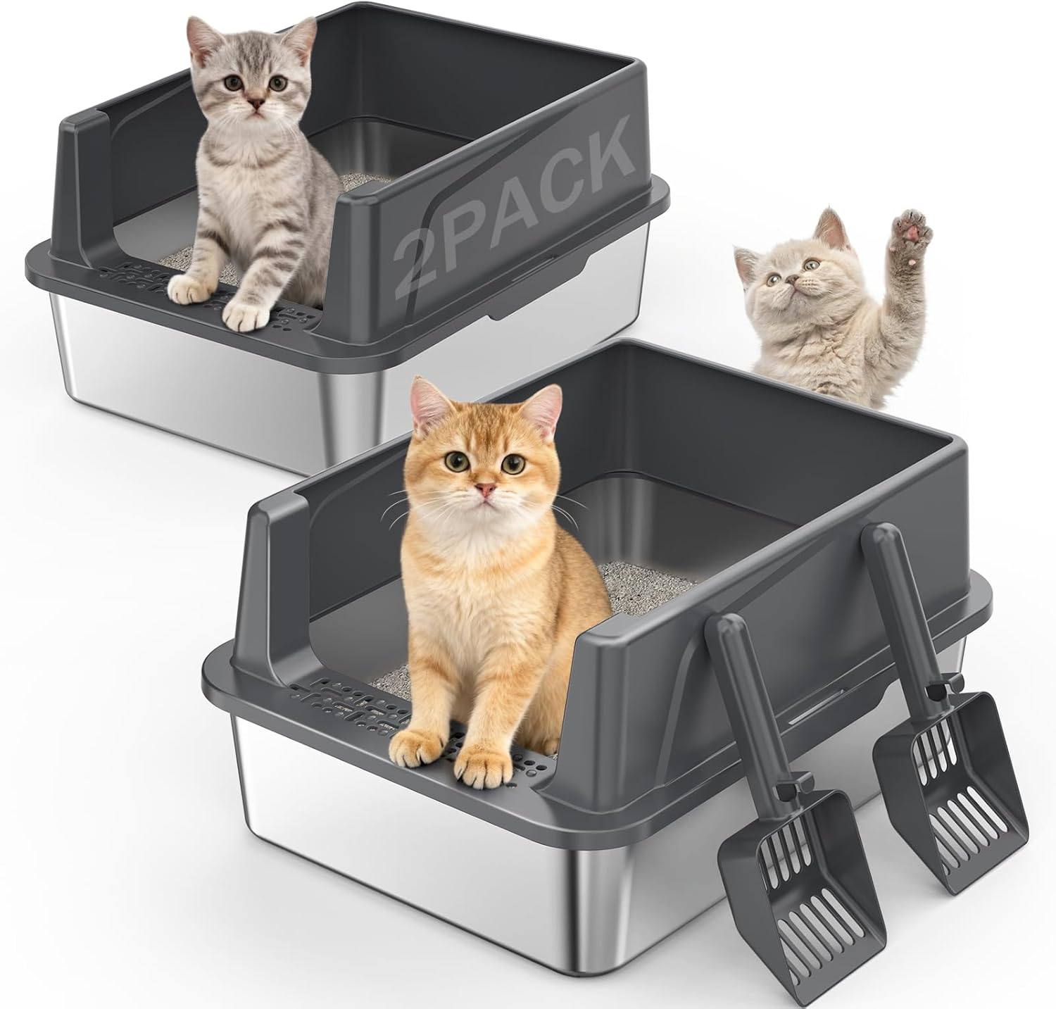 2PACK Stainless Steel Cat Litter Box with Lid, High-Sided Metal Litter Pan for Small Cats, Kitty Litter Box, Non-Stick & Odor-Resistant, Anti-Urine Leakage, Easy to Clean, Scoop Included