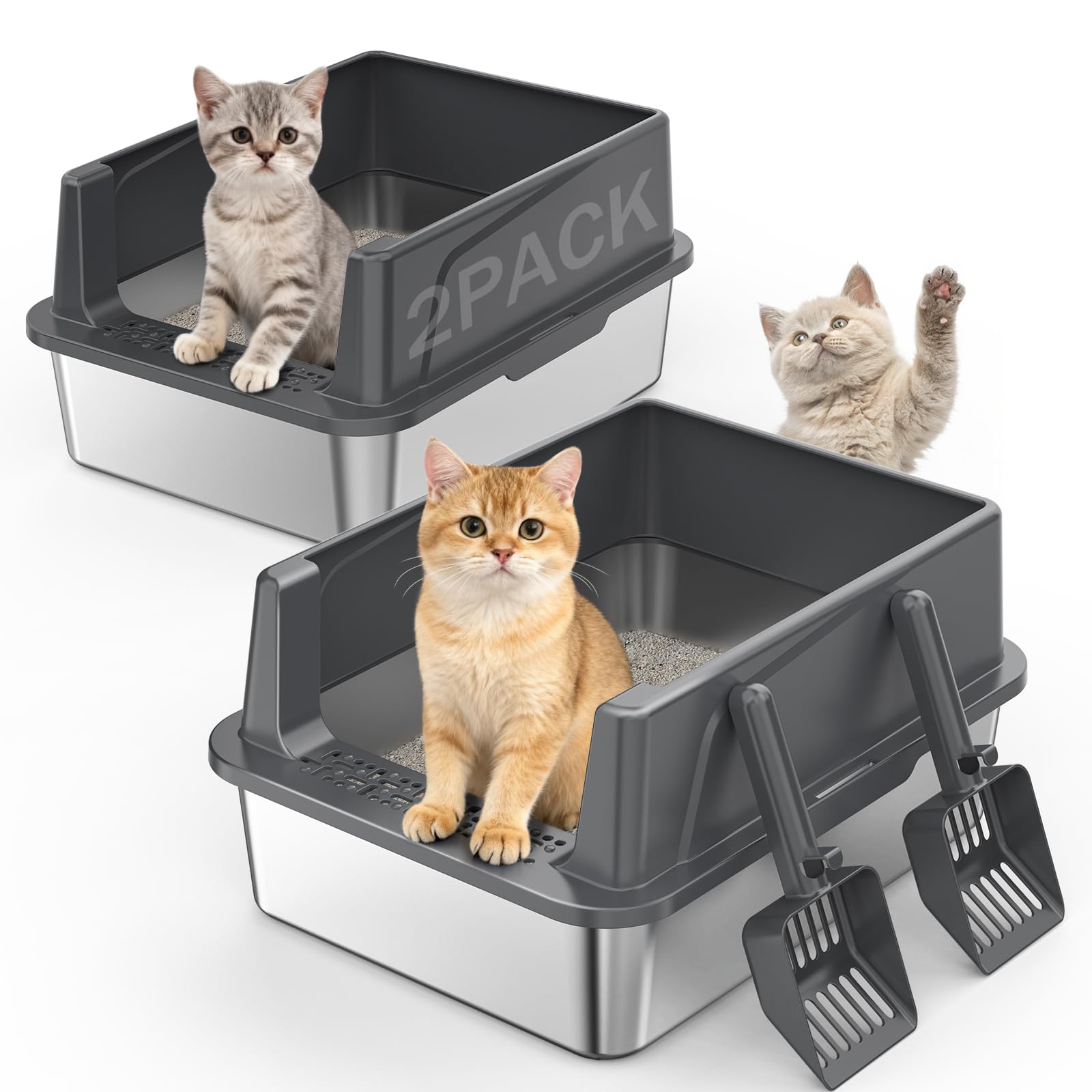 2PACK Stainless Steel Cat Litter Box with Lid, High-Sided Metal Litter Pan for Small Cats, Kitty Litter Box, Non-Stick & Odor-Resistant, Anti-Urine Leakage, Easy to Clean, Scoop Included