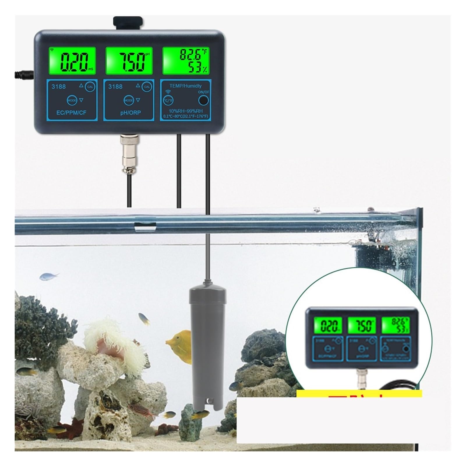 Tester TDS, Tester di qualità dell'Acqua 7 in 1 abilitato, Monitor Digitale Temperatura e umidità PH TDS ORP EC CF for Acquario