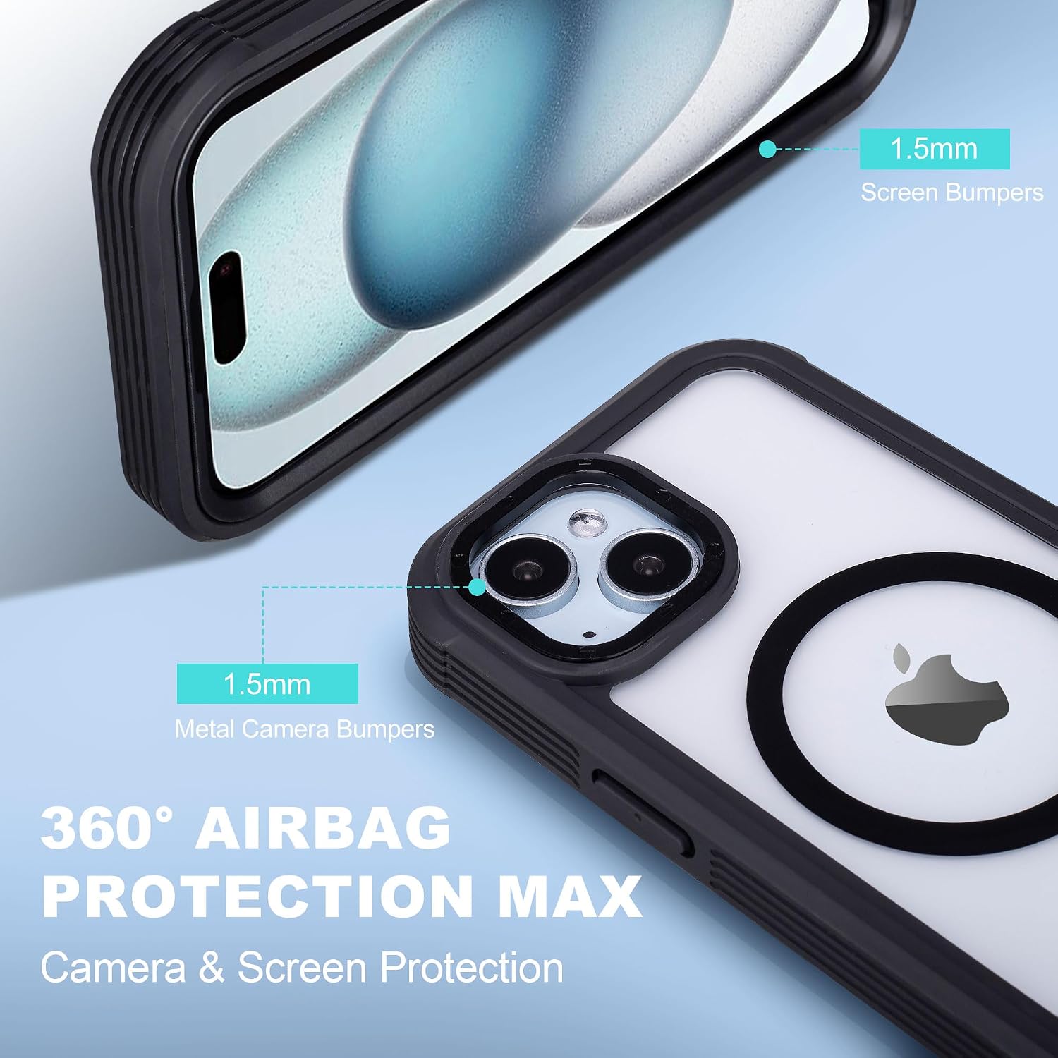 Defender for Clear iPhone 15 Case with Belt Clip Holster + 2 Screen Protectors, Compatible with MagSafe, Anti-Yellowing, Full-Body Phone Cover for iPhone 15 Case (Clear & Black)