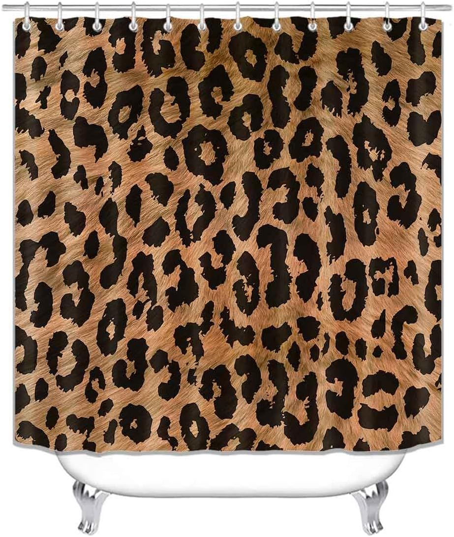 Camille&Andrew 4PCS/Set Leopard Print Shower Curtain, Safari African Wild Animal Fur Jaguar Cheetah Skin Pattern Bathroom Decor, Waterproof Fabric Bath Curtain, Non-Slip Bath Rugs Toilet Mats, Brown