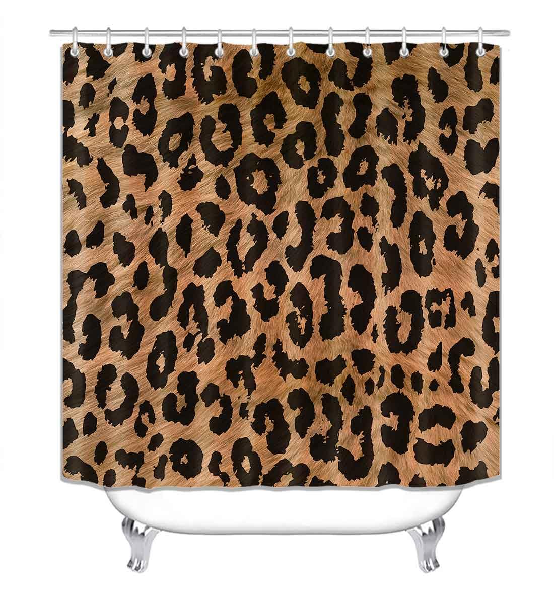 Camille&Andrew 4PCS/Set Leopard Print Shower Curtain, Safari African Wild Animal Fur Jaguar Cheetah Skin Pattern Bathroom Decor, Waterproof Fabric Bath Curtain, Non-Slip Bath Rugs Toilet Mats, Brown