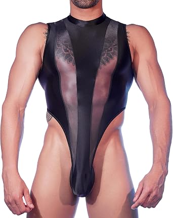 Mens Wrestling Singlet Mesh Straped Bodysuit Sheer Leotards for Sport Gym Clubwear