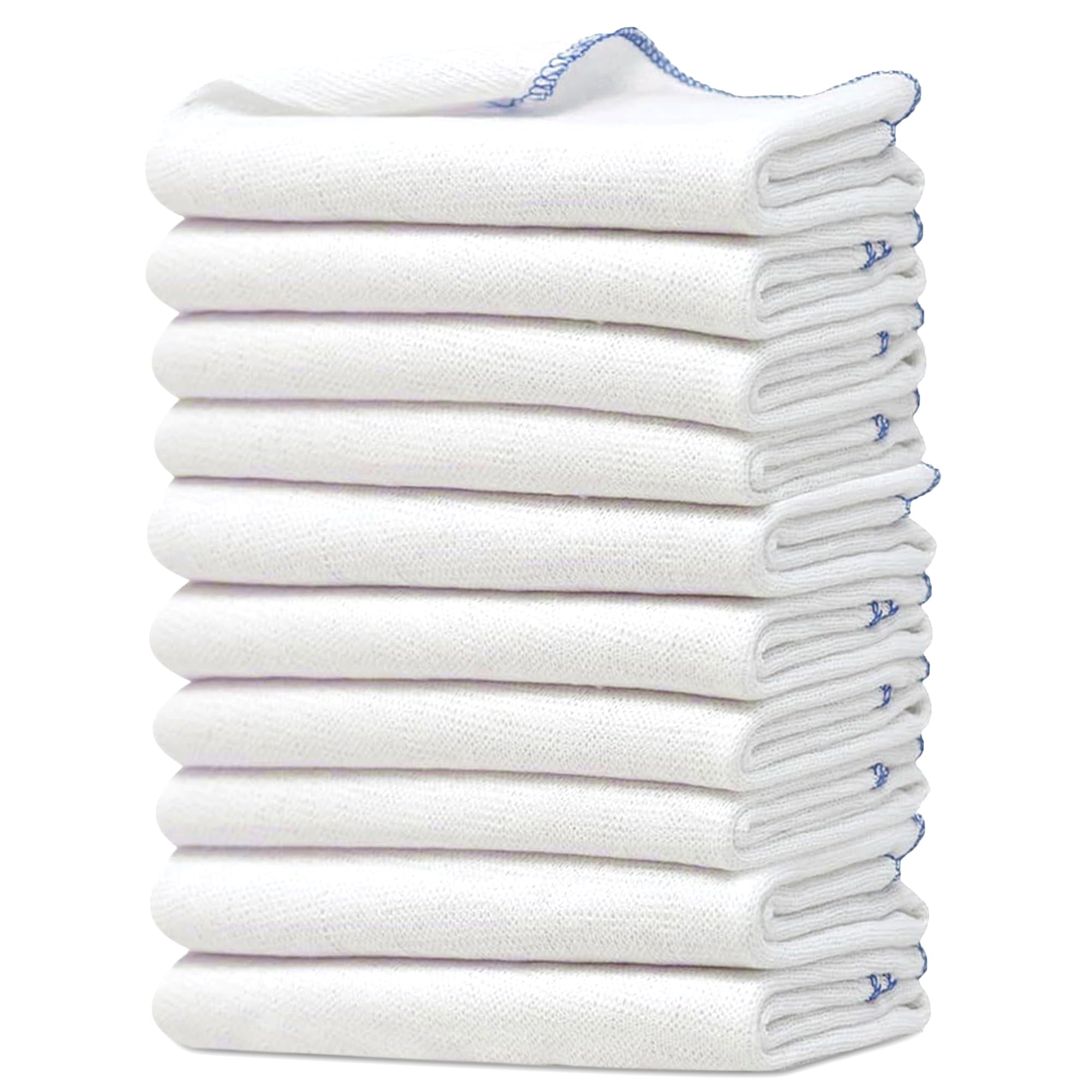Towelogy Premium Extra Large Dish Cloths Pack of 10 - Cotton 38 x 45cm Odour Free & Super Absorbent Kitchen Dish Towels (White/Blue Edges, 10)