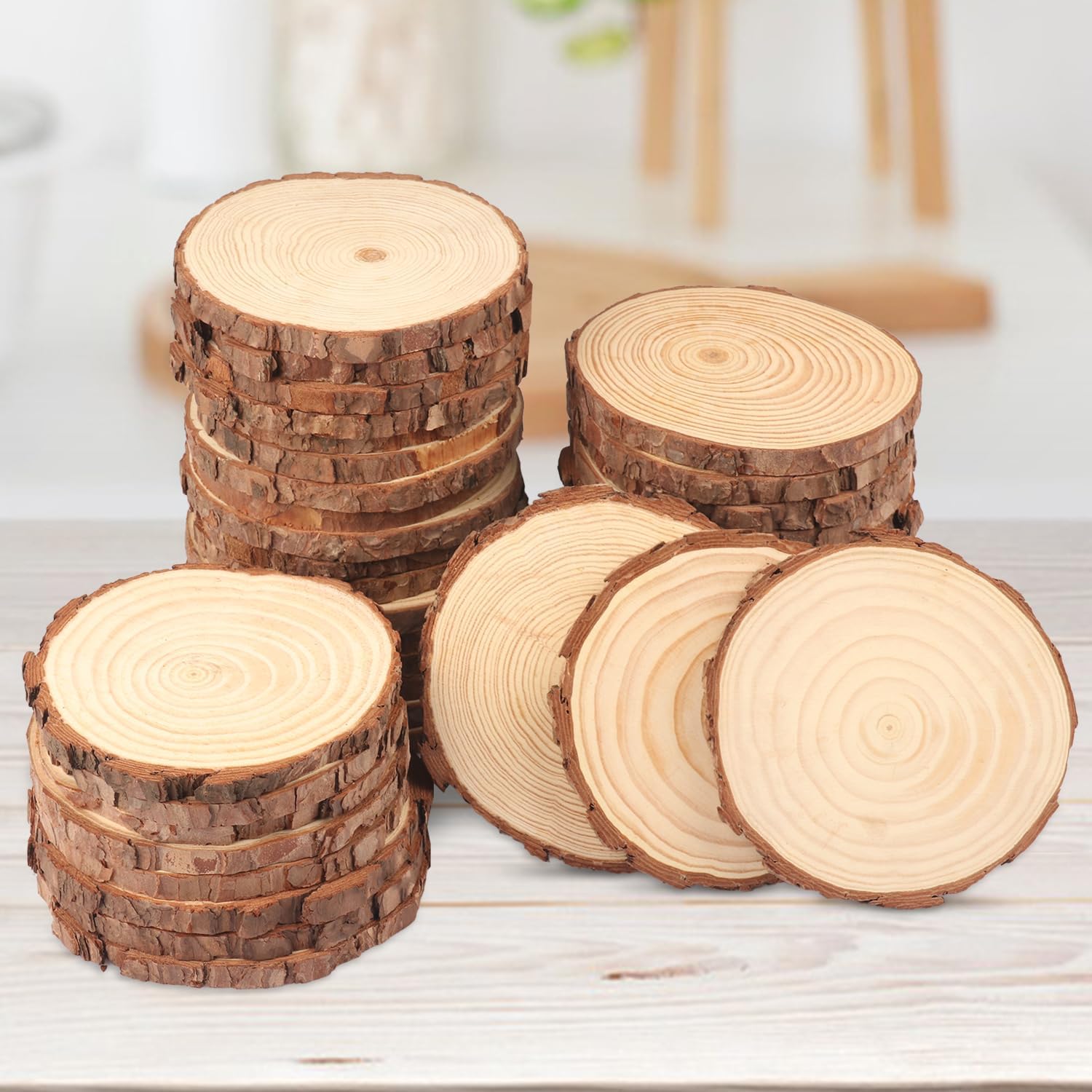 GNIEMCKIN 80 PCS 3-4 Inch Natural Wood Slices, Unfinished Pine Wood Circles with Barks for Coasters, DIY Crafts, Christmas Rustic Wedding Ornaments and Centerpieces - Image 4
