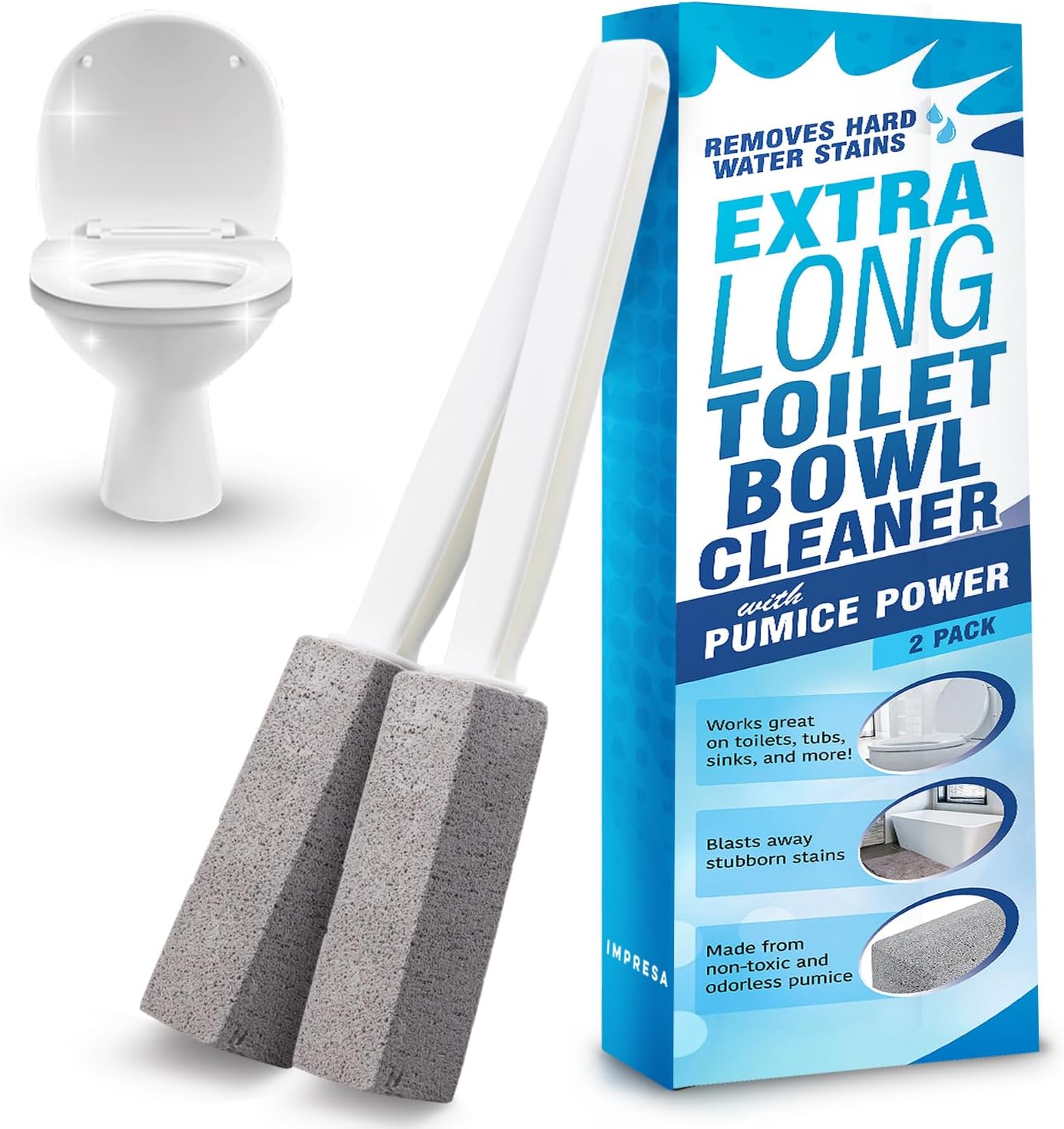 Pumice Stone Toilet Cleaner with Handle - 2 Count, White Hard Water Stain Remover & Toilet Bowl Cleaner - Versatile Pool Tile & Grout Cleaning Tool