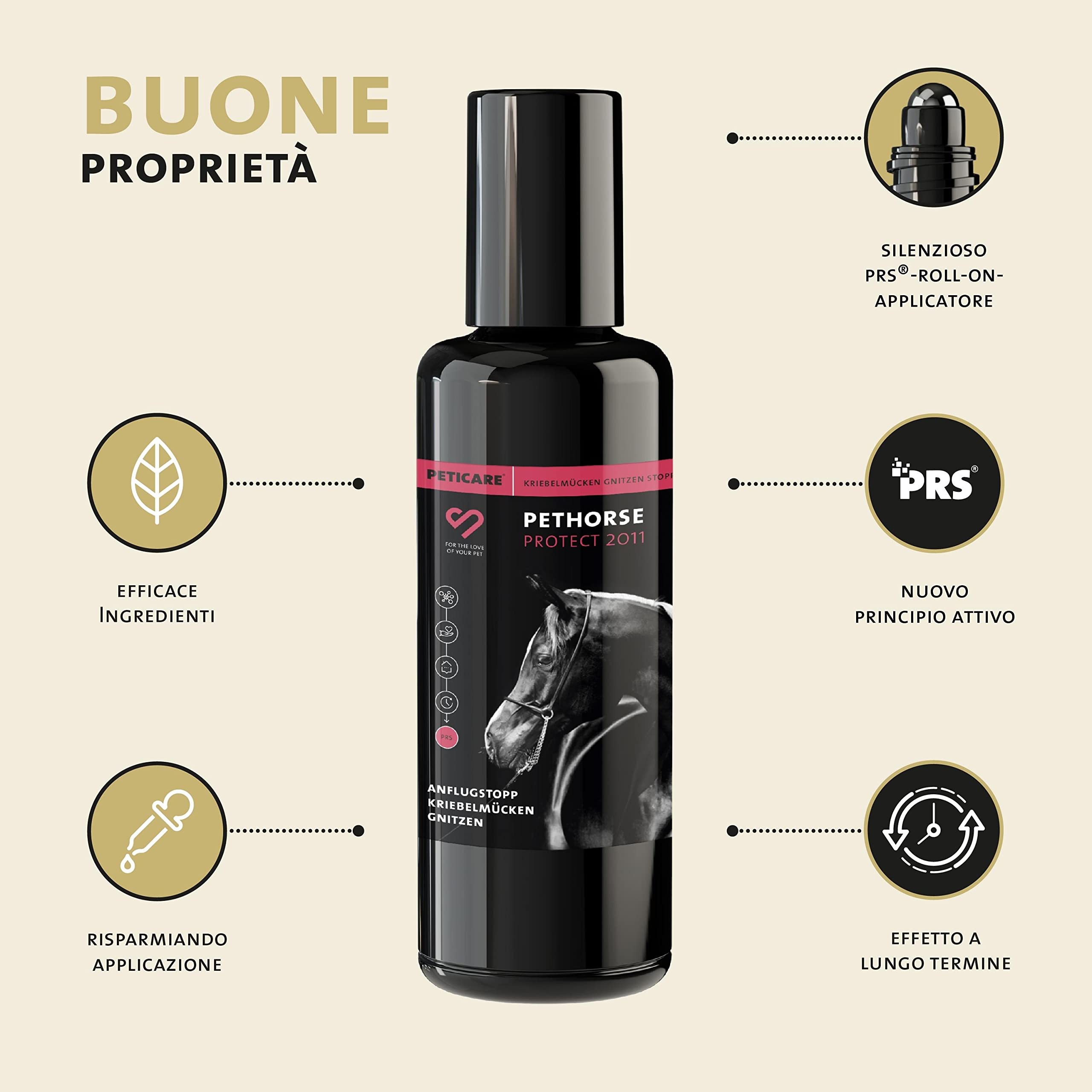 Peticare Cavallo Roll-On Anti Mosca Nera - Blocca Efficacemente, Difesa Contro Simulidi, Attivo Fino a 24 Ore, Prevenire Efficacemente Dermatite Estiva e Eczema - petAnimal Protect 2011