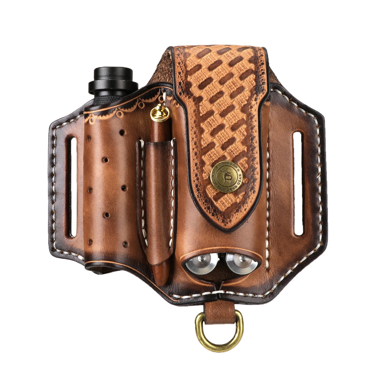 Tourbn Men's Brown Tourbon Edc Leather Sheath Multitool Pocket Knife Organizer Belt Pouch Flashlight Holster Pen Holder