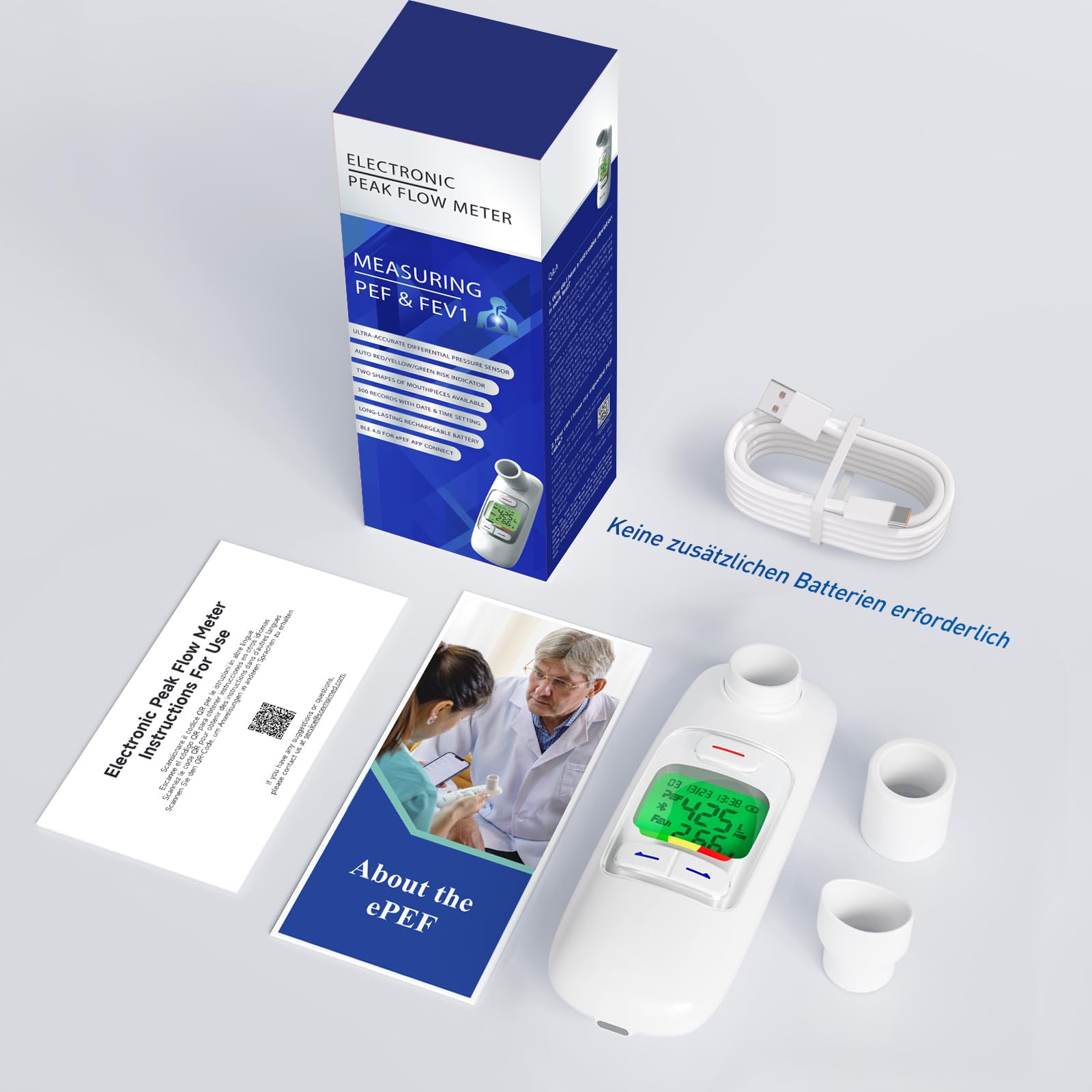 Peak Flow Meter mit Bluetooth, APP Analyse, PEF FEV1 mssen, Wiederaufladbar | 300 histotische Daten, 2 Mundstücke, Rot gelb grün Risikoindikator, für Asthma COPD, Tragbar, die Lungenfunktion üwachen