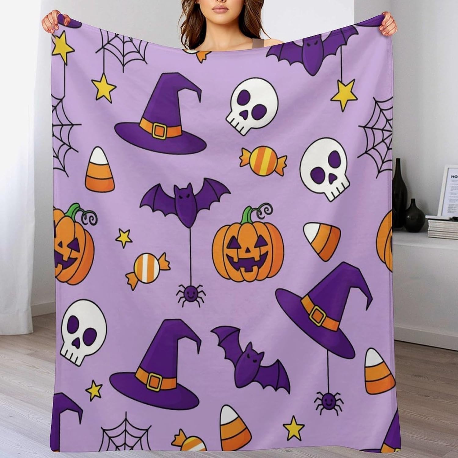 Halloween Pumpkin Star Flannel Throw Blankets Soft Lightweight Fuzzy Plush Decor Blankets and Throws for Couch Sofa Bed 50"x60"