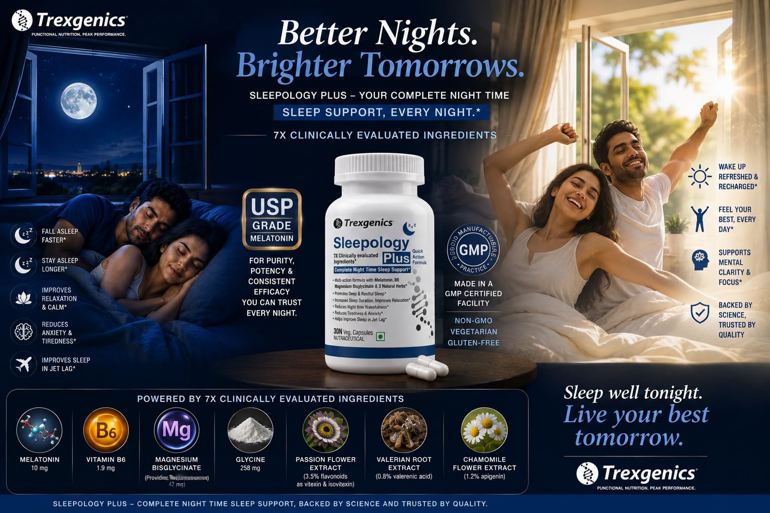 Trexgenics SLEEPOLOGY PLUS Melatonin 10 mg Sleep Support with Magnesium bisglyciante, P5P, Chamomile, Passion flower, Valerian VEGAN & NON-GMO (30 Veg. Capsules) (Pack of 1) — Amazon image 7