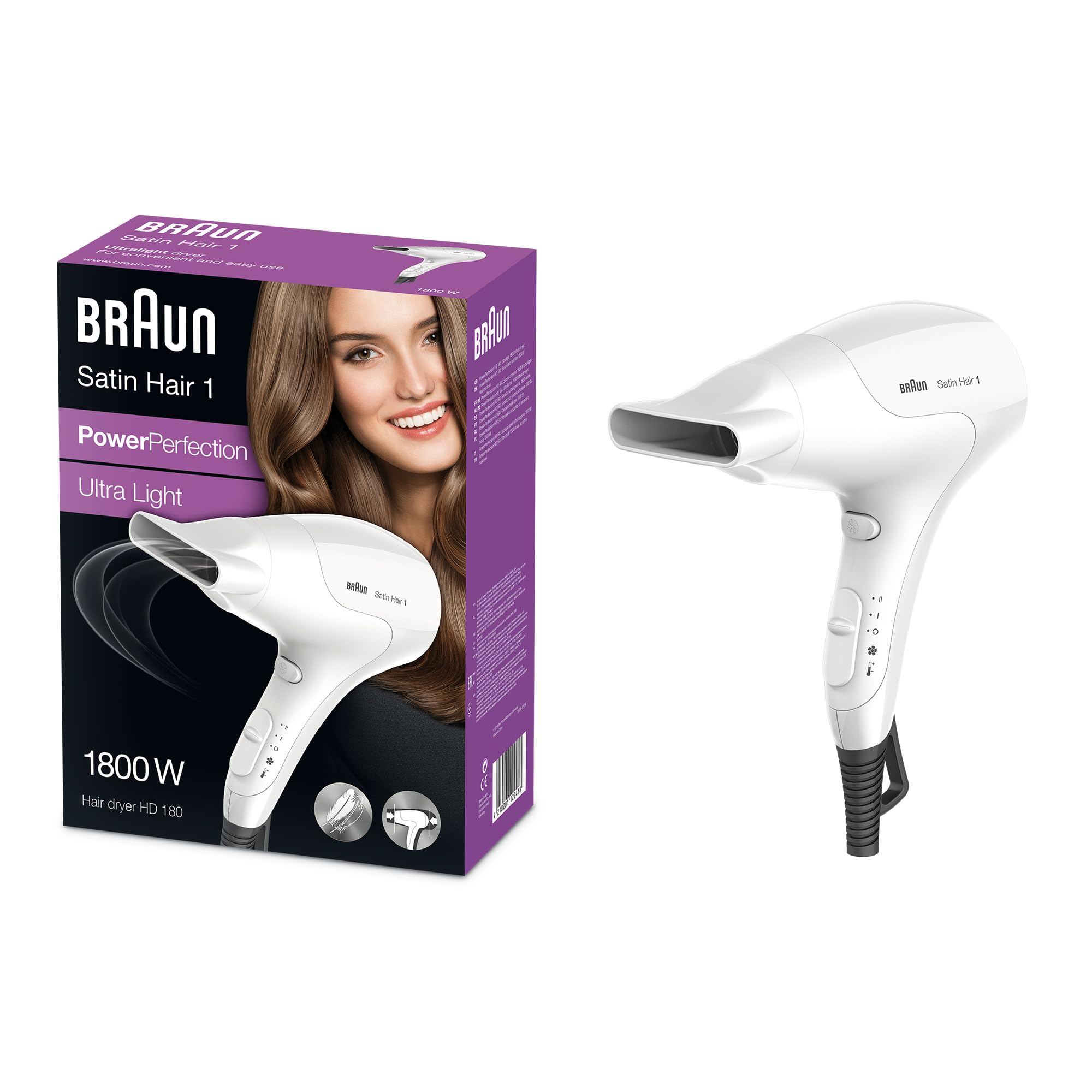 Braun Satin Hair Dryer BRHD180 Power Perfection | 1800 Watts | 2 Heat Settings | Cold Shot | Fast & Easy Drying | Ultra Light | Styline Nozzle - White