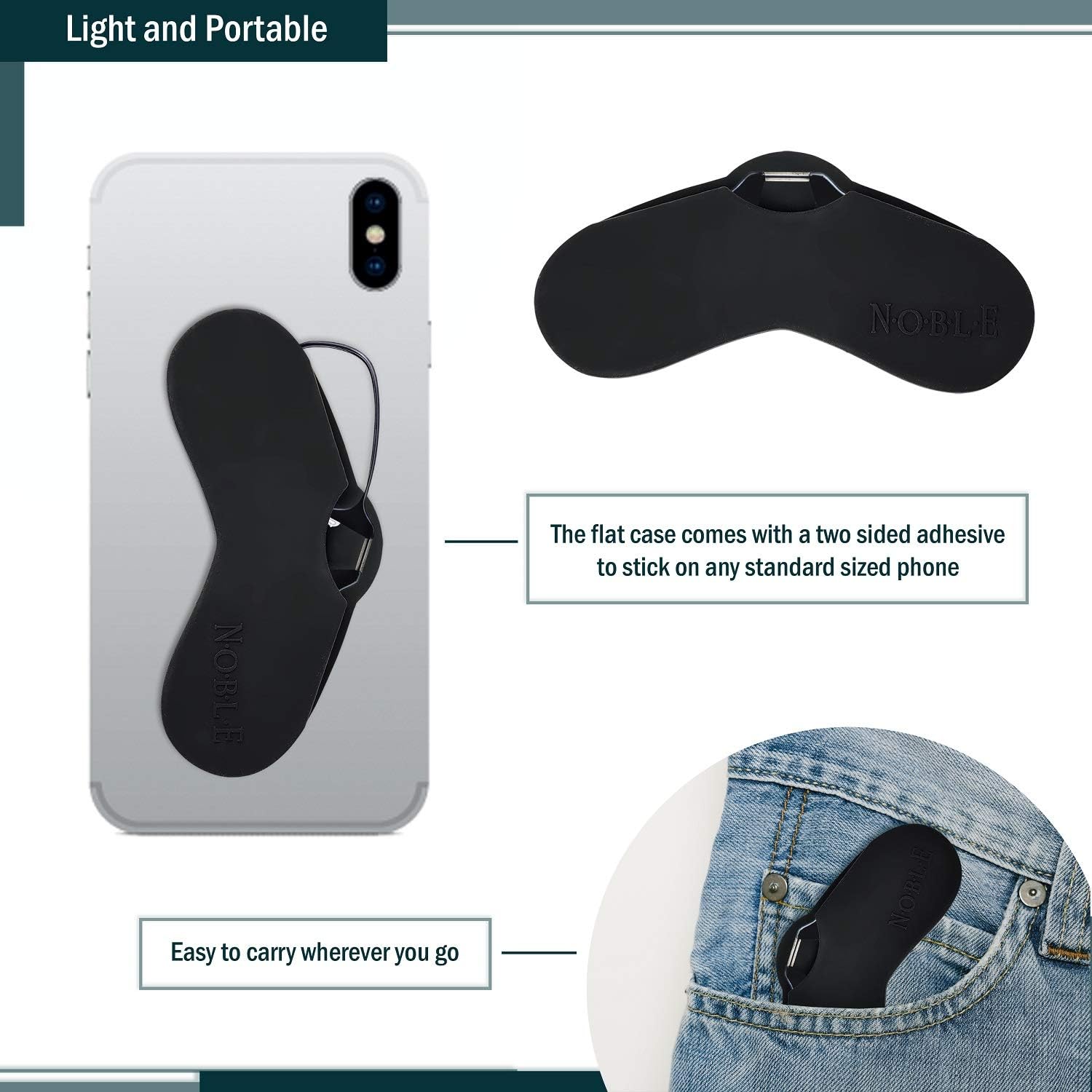 Noble Ultra Slim and Flat Reading Glasses Thin and Flexible Armless (2 Pairs) Enhanced Comfort Nose Rest, Armless Pocket Size Readers with 2 Stick-on Silicone Case Holder (Clear, +2.50)