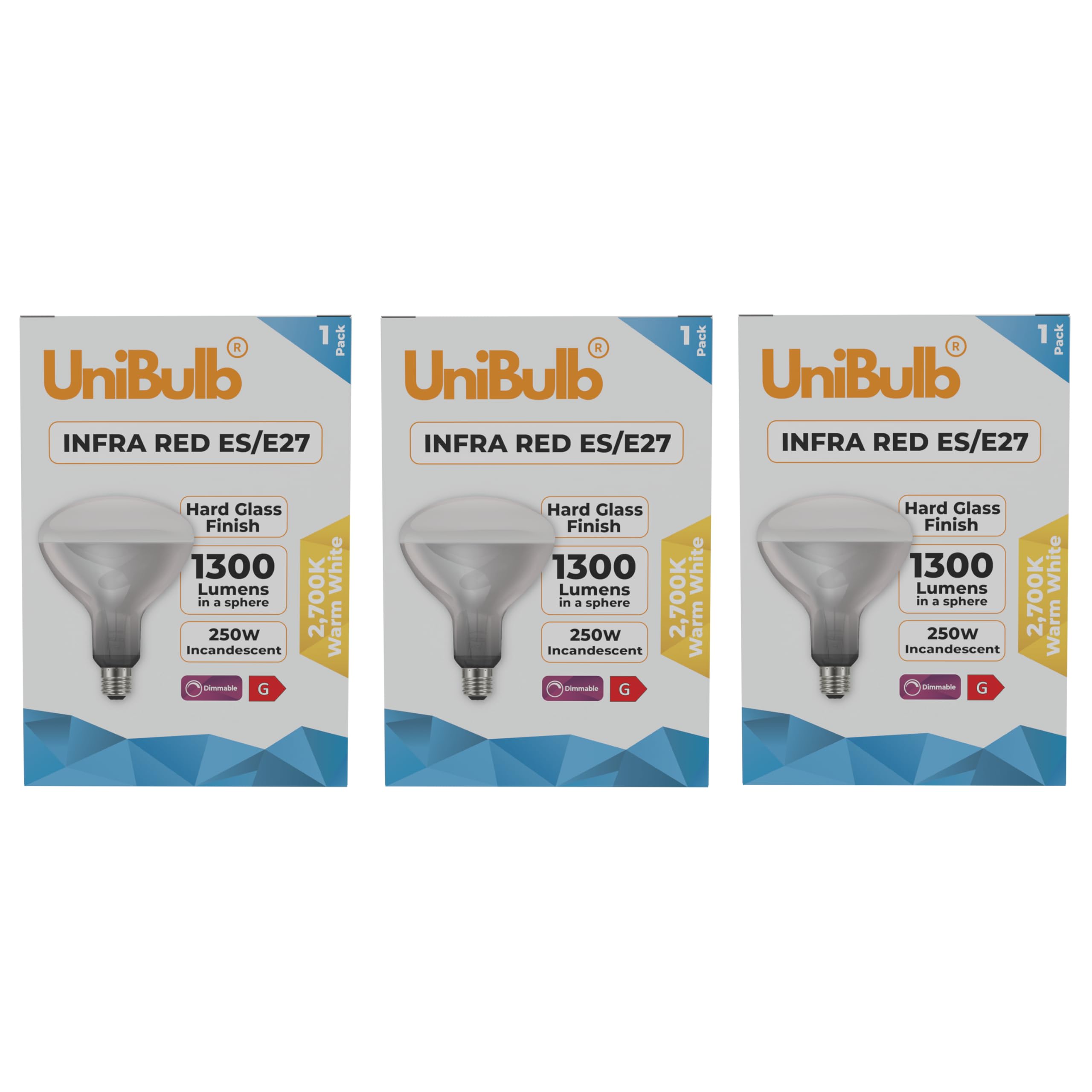 Unibulb Infra-Red Heater Lamp E27 Edison Screw (ES) 1300 Lumens 250W Heat Lamp Light Bulb, 2700k Warm White, Hard Glass Finish, Dimmable (3)