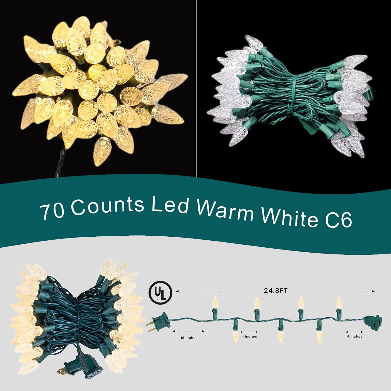 C6 LED Warm White Christmas Lights 2-Pack – 140 Count, 48ft Green Wire, UL Listed Outdoor Waterproof Strawberry Lights, Connectable String Lights for Rooftops, Patios & Wedding Decorations