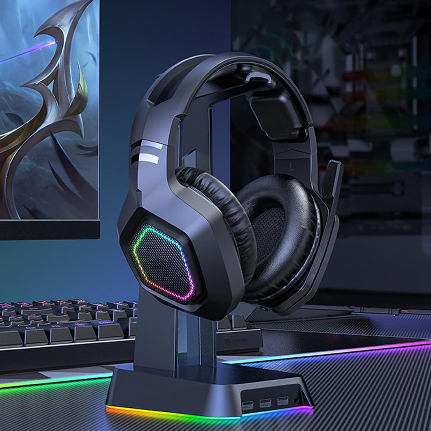 Walfront B100 Gaming Headset on a stand with RGB lighting effects.