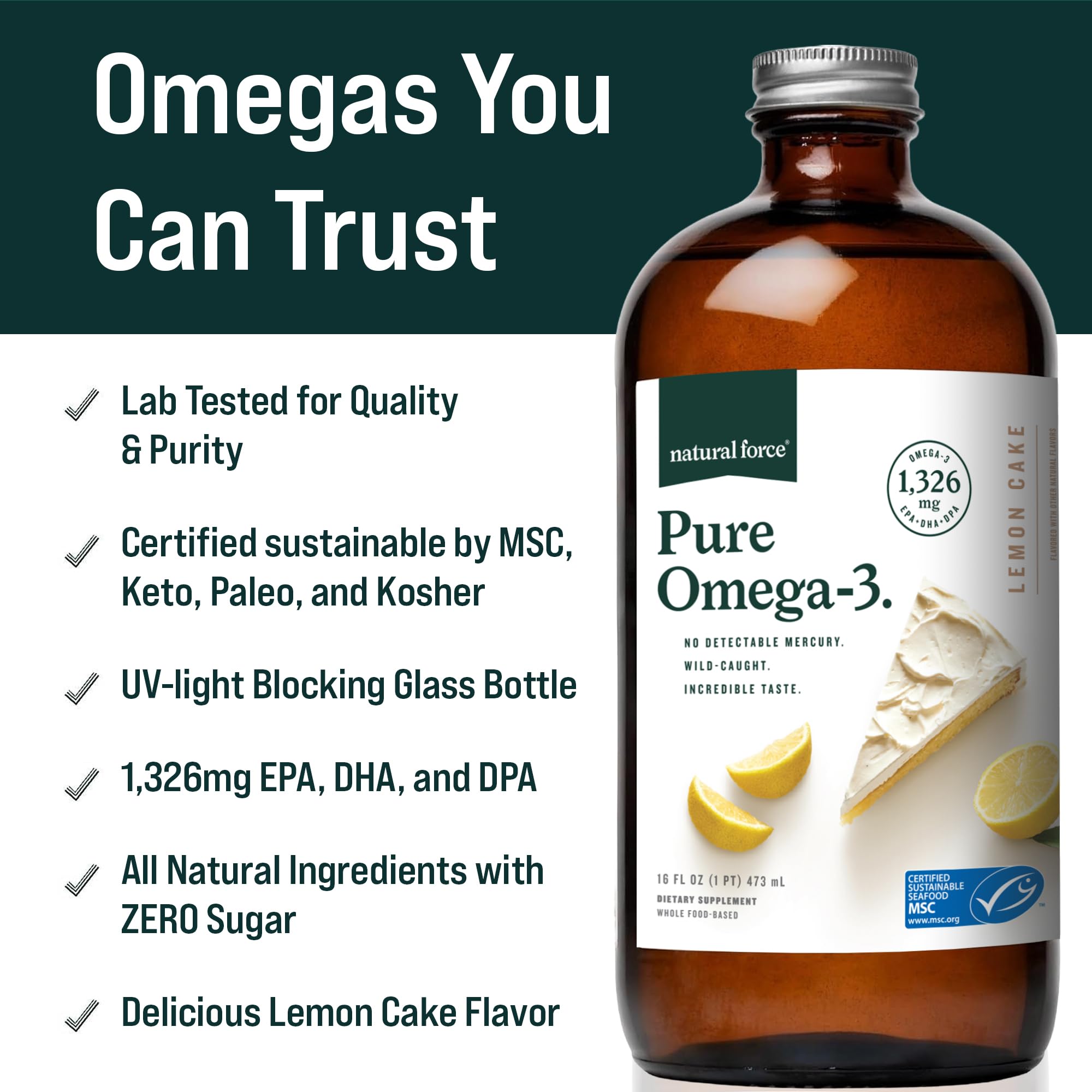 Natural Force Pure Omega 3 - Liquid Fish Oil - Delicious Lemon Cake Flavor - Mercury Free, Wild Caught, Lab Tested - 1,326 mg Triglyceride EPA, DHA, & DPA - 16 Oz Glass Bottle — Amazon image 2