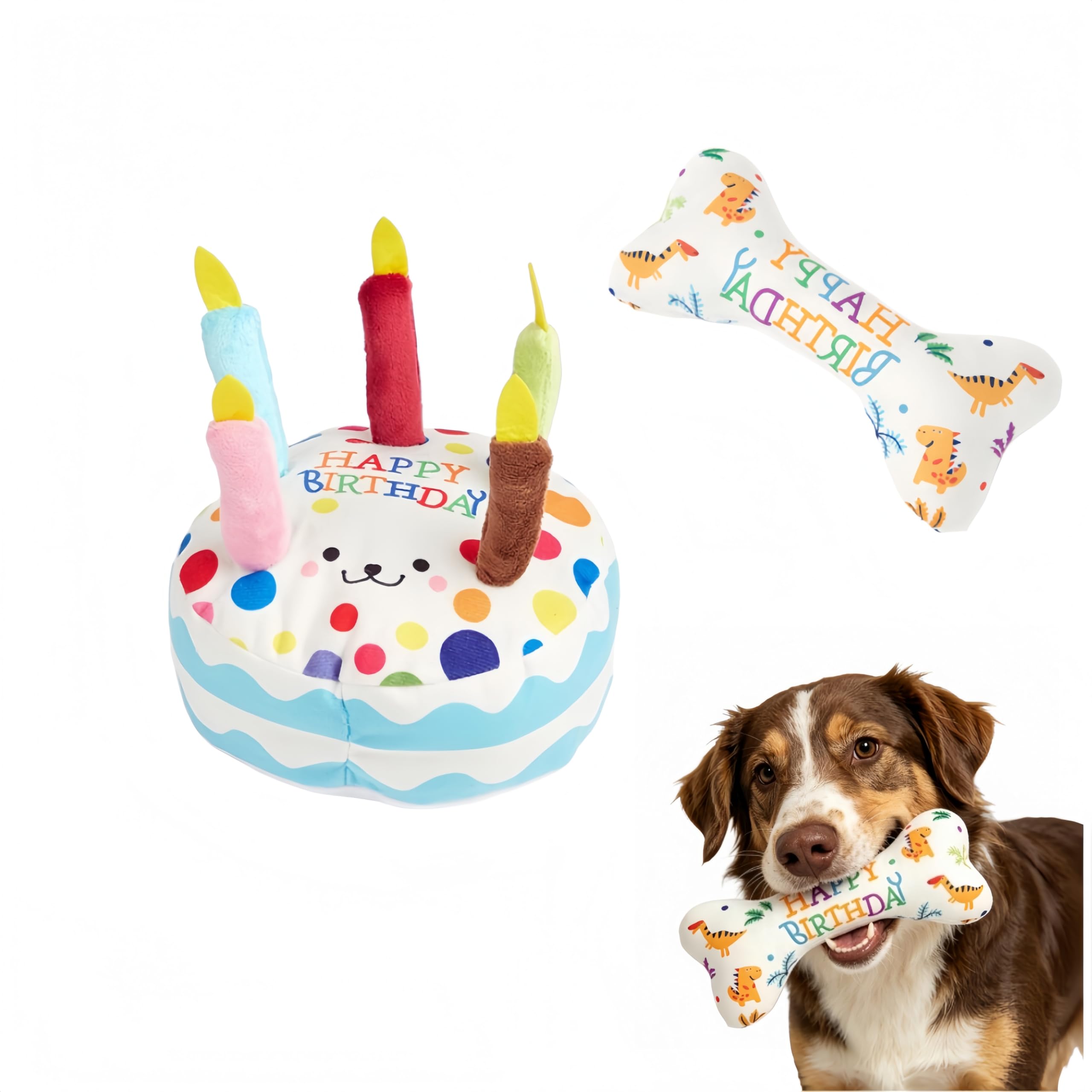 LEBKFT Dog Birthday Cake Toy Set, 2 Pack Squeaky Plush Dog Toys Interactive Birthday Cake & Bone Toys for Puppy Small Medium Dogs Soft Chew Toys for Birthday Celebration Party Photo Props Dog Gifts