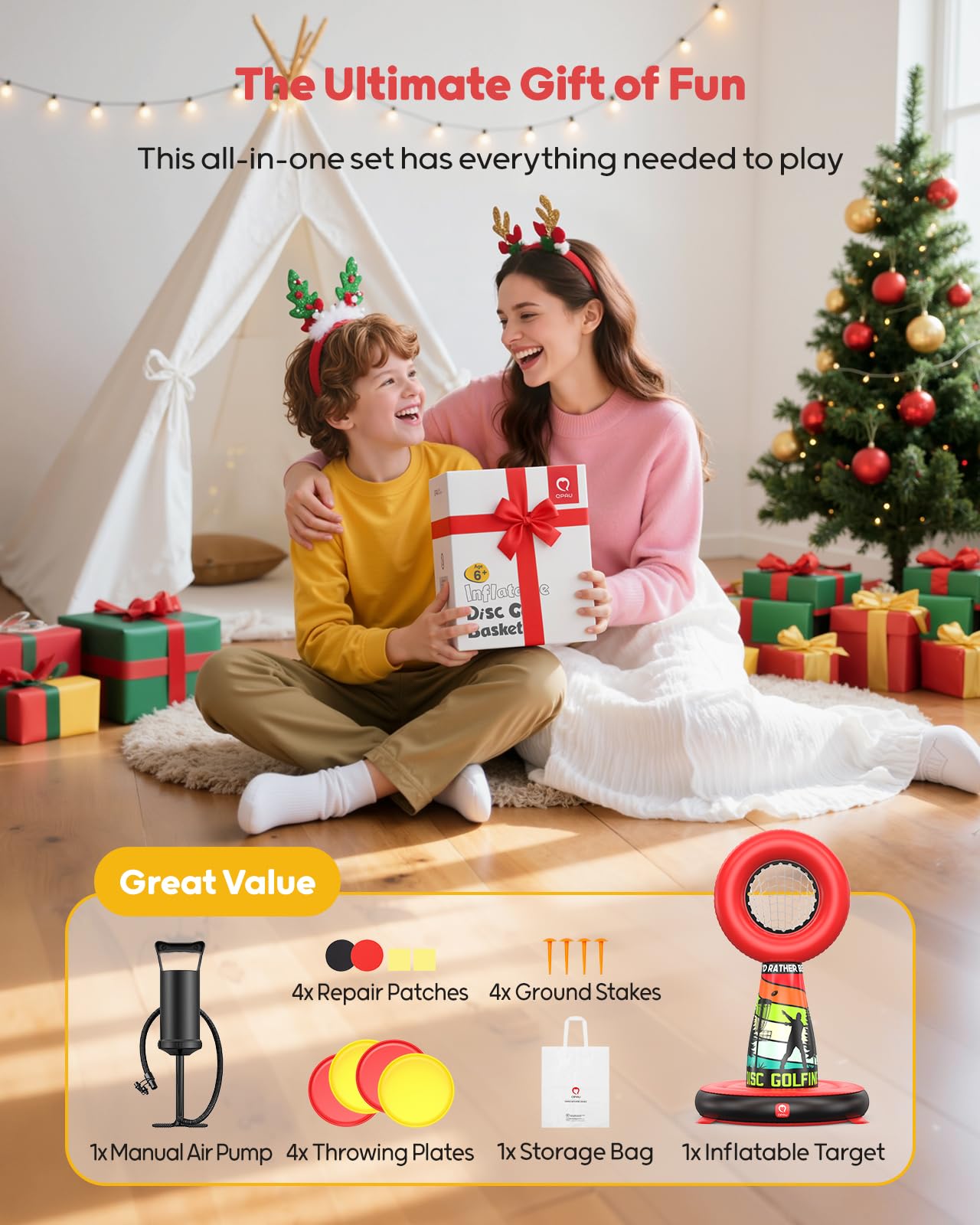 QPAU Set de Disc Golf Inflable para Niños y Diversión Familiar, Juego Completo de Exterior con Cesta Objetivo, 4 Discos Voladores y Bomba, Juegos de Jardín para Niños-Regalos Ideales para Adolescentes