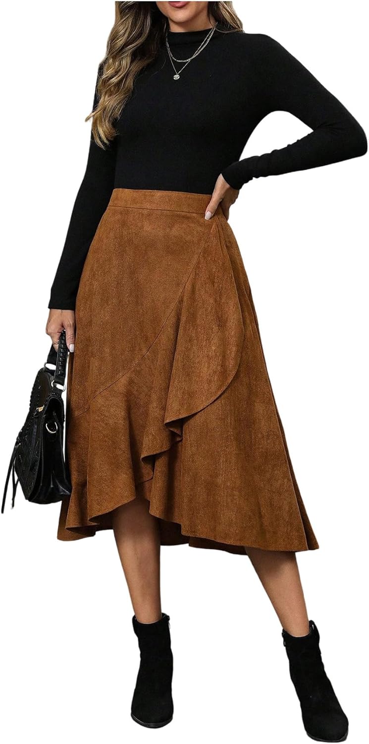 SweatyRocks Women's High Waisted Skirts Asymmetrical Ruffle Flowy Business Casual Work Midi Skirt Bronze X-Large