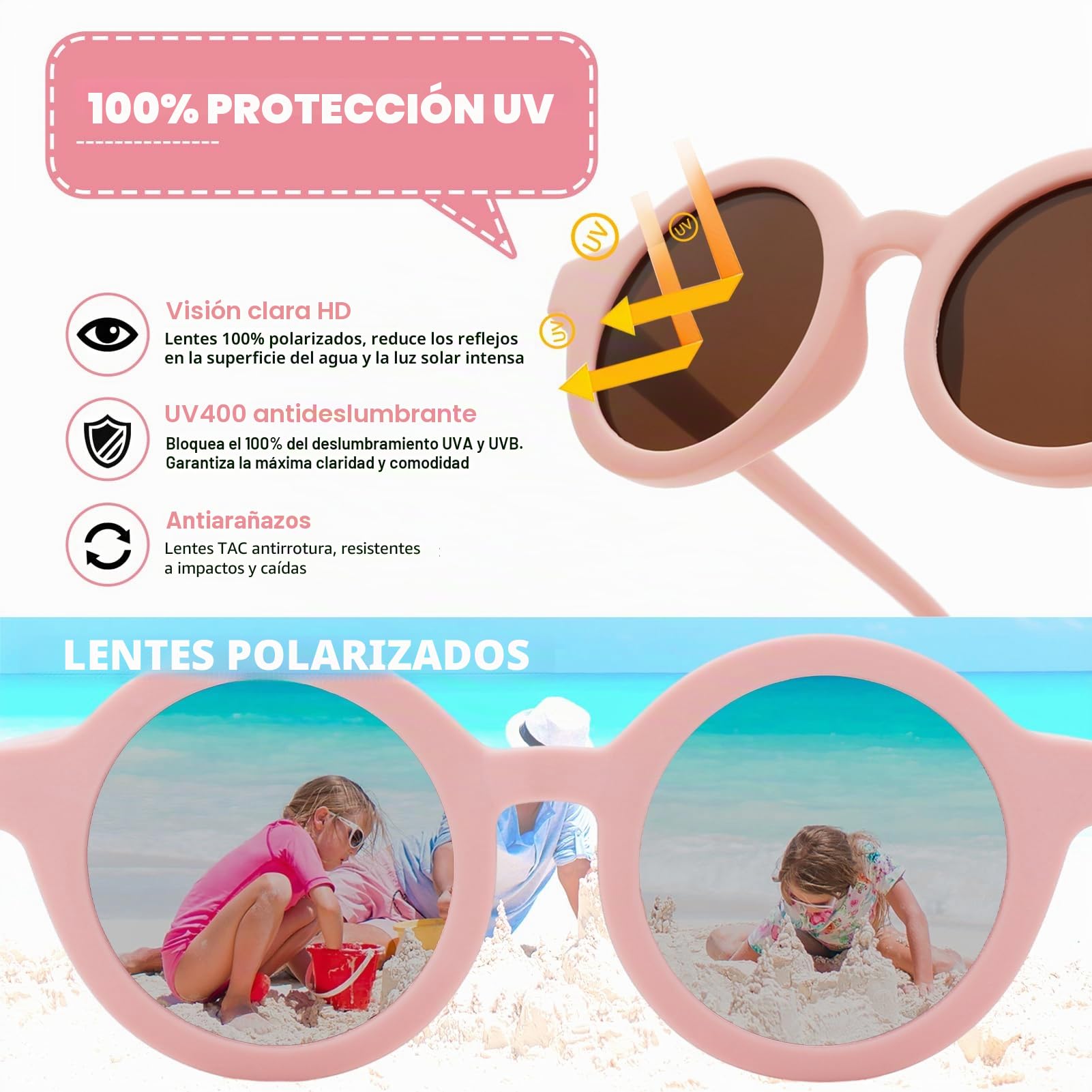 Gafas de Sol Bebe 0 a 36 Meses - Polarizadas con Correa Ajustable Redondas Marco de Silicona Oculos de Sol Bebe Niña Niño para 0-2 Años Protección UV400