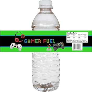 Video Games Water Bottle Labels by Adore By Nat - Gaming Birthday Party Drink Wrappers and Favor Decorations - Set of 12