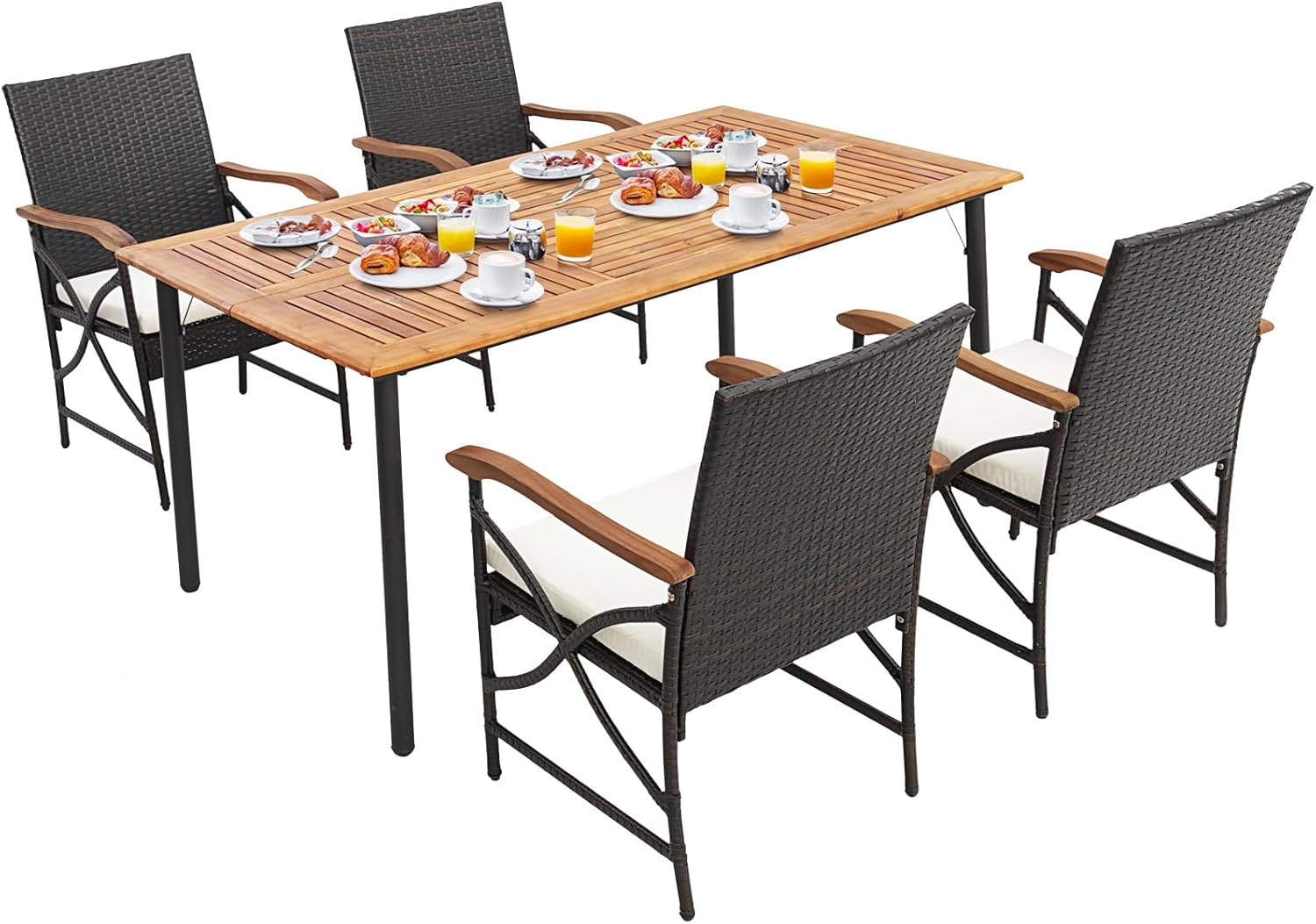 Tangkula Outdoor Dining Set with Acacia Wood Table & 6 Wicker Rattan