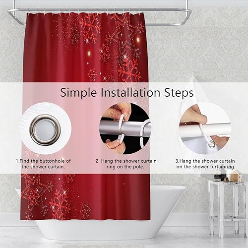 Miniatura 6 de Umpoo Cortinas de ducha de Feliz Navidad, 72 x 78 pulgadas, diseño de copos de nieve rojos elegantes, cortina de ducha de feliz año nuevo para