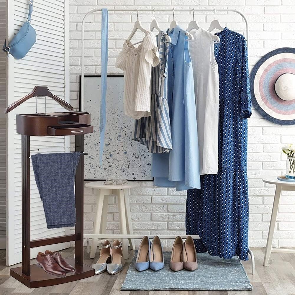 Wood Valet Stand with Drawer Wardrobe Valet Suit Valet Stand Organizer with Top Tray, Contour Hanger, Trouser Bar, Tie & Belt Hooks and Shoe Rack, Dark Walnut-13.5 * 17 * 42in