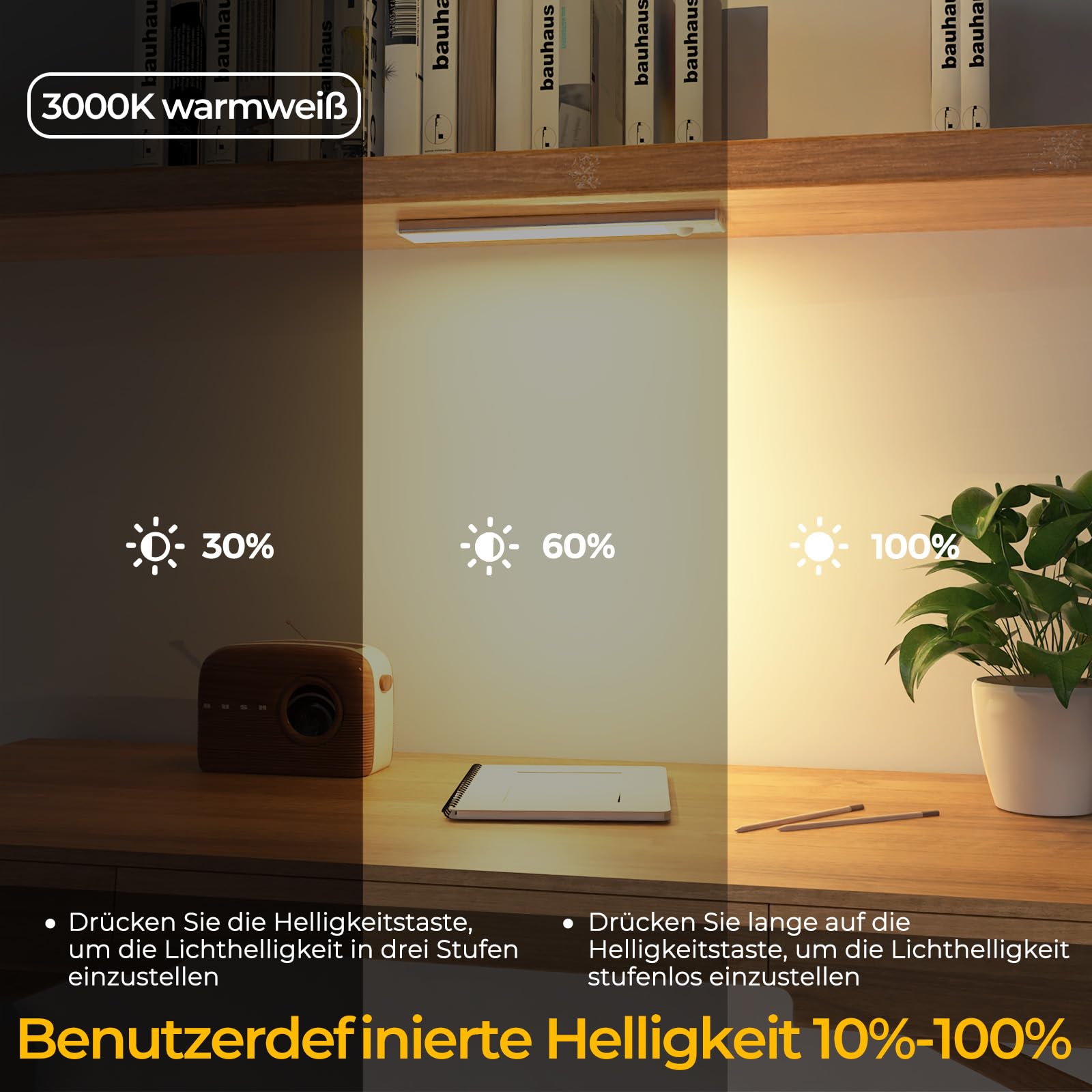 OUILA Schrankbeleuchtung LED mit Bewegungsmelder Unterbauleuchte Küche LED USB-C wiederaufladbar LED-Licht Dimmbar kabellos Nachtlicht für Küche Kleiderschrank Schrank 20.5CM 2 Stück
