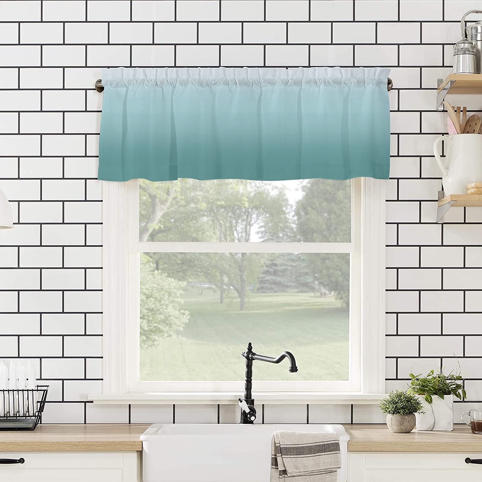 Cliduli Ombre Valance for Windows,Teal Turquoise Green Window Treatments 1 Panel Short Curtains for Kitchen Windows Bathroom Bedroom,54 x 18 Inch - Image 4