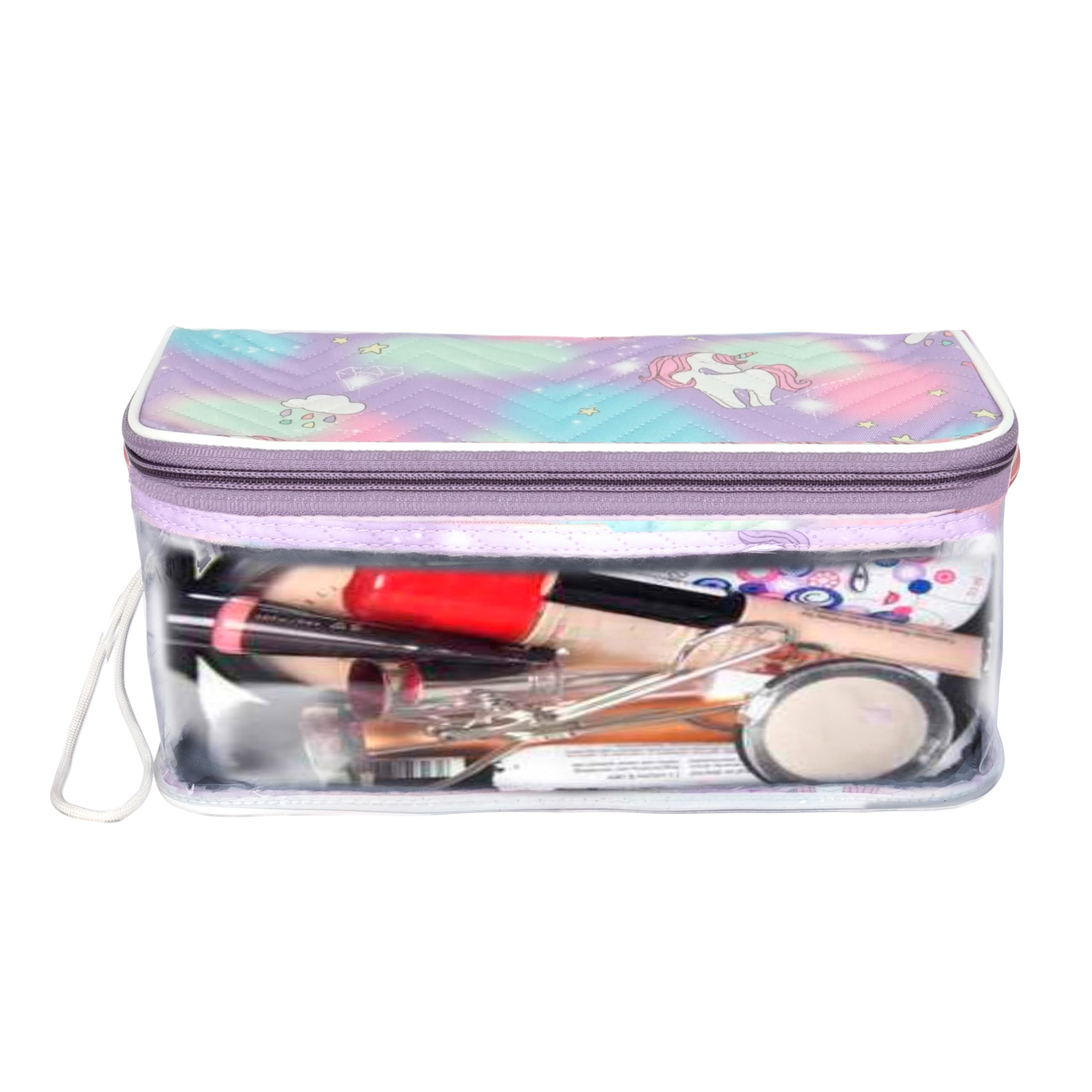 Storite Levendar - Bolsa transparente para cosméticos con estampado de unicornio, organizador de maquillaje, accesorios de joyería, bolsa de aseo con cremallera y asa para mujeres, accesorios de viaje
