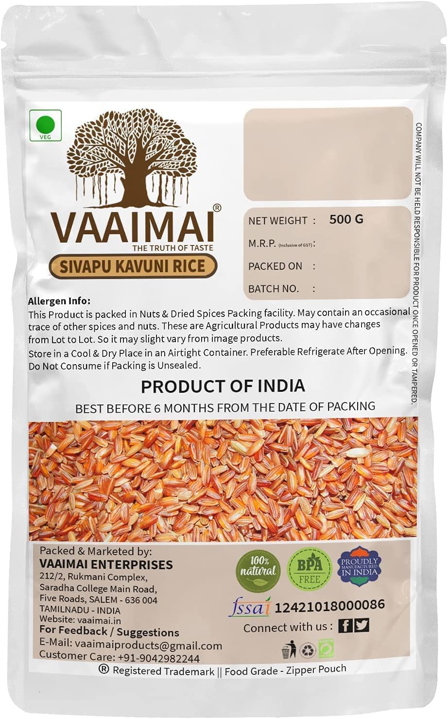 CROV VAAIMAI Riso Kavuni Rosso/Sivappu Kavuni, 500g